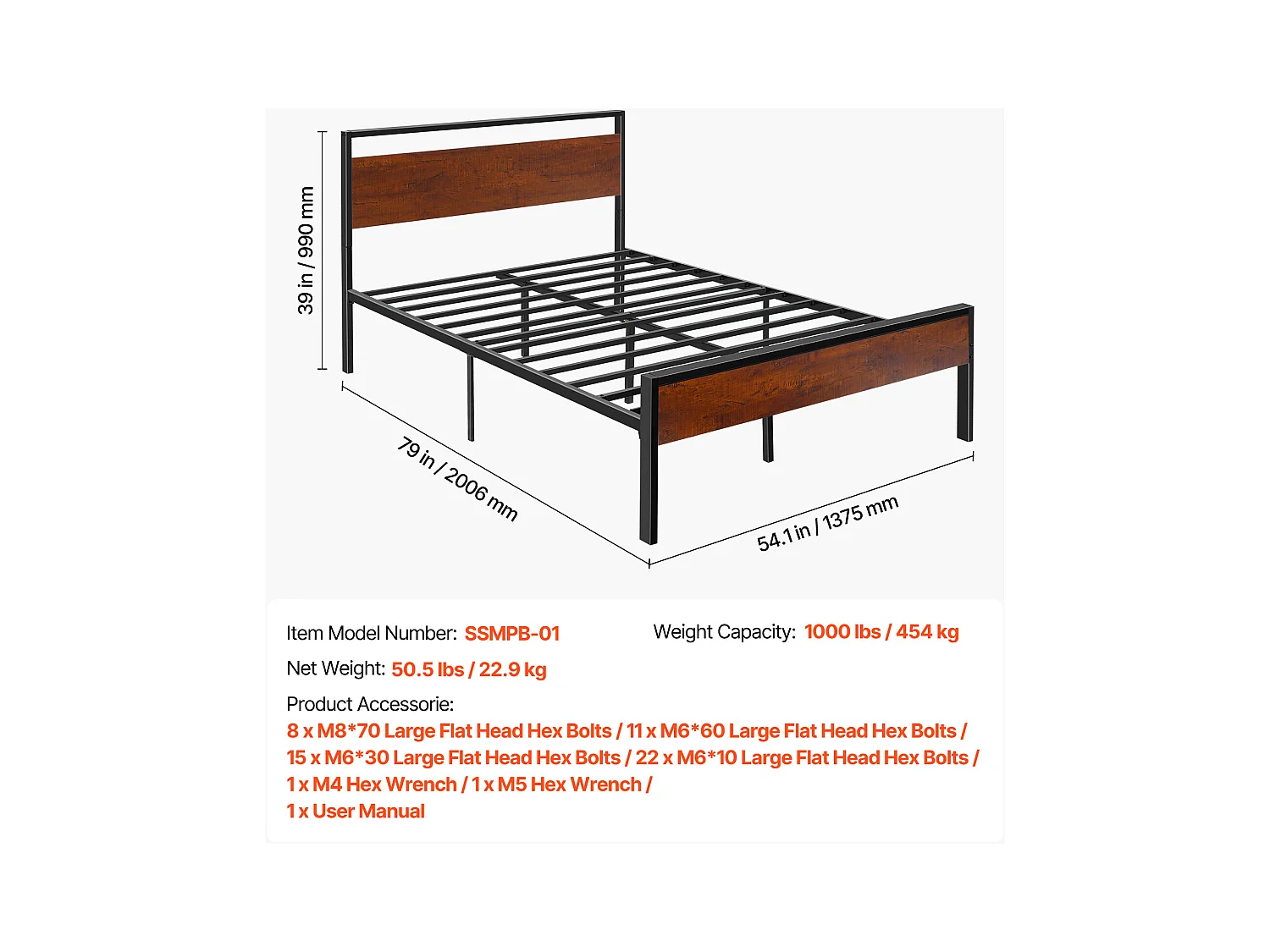 Cadre de Lit SucceBuy Double Full Size, Sommier Plateforme en Métal Noir, Espace de 31 cm, avec Tête et Pied en Bois Brun Rétro, Grand Espace de Rangement