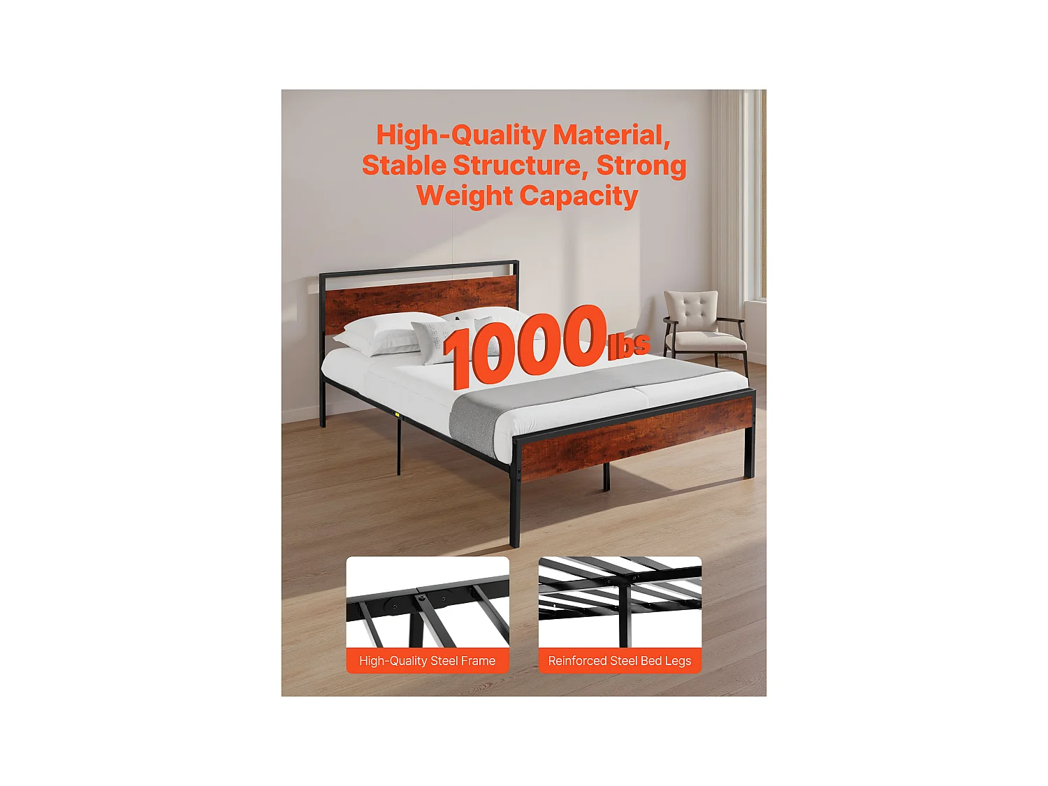 Cadre de Lit SucceBuy Double Full Size, Sommier Plateforme en Métal Noir, Espace de 31 cm, avec Tête et Pied en Bois Brun Rétro, Grand Espace de Rangement