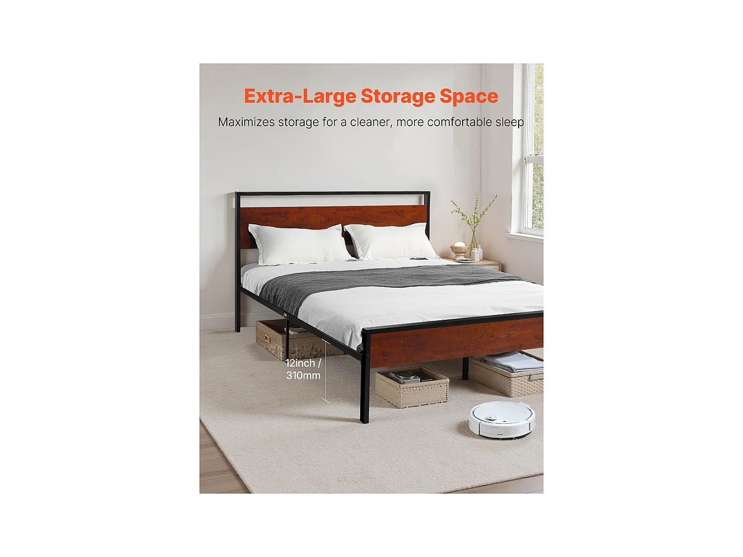 Cadre de Lit SucceBuy Double Full Size, Sommier Plateforme en Métal Noir, Espace de 31 cm, avec Tête et Pied en Bois Brun Rétro, Grand Espace de Rangement