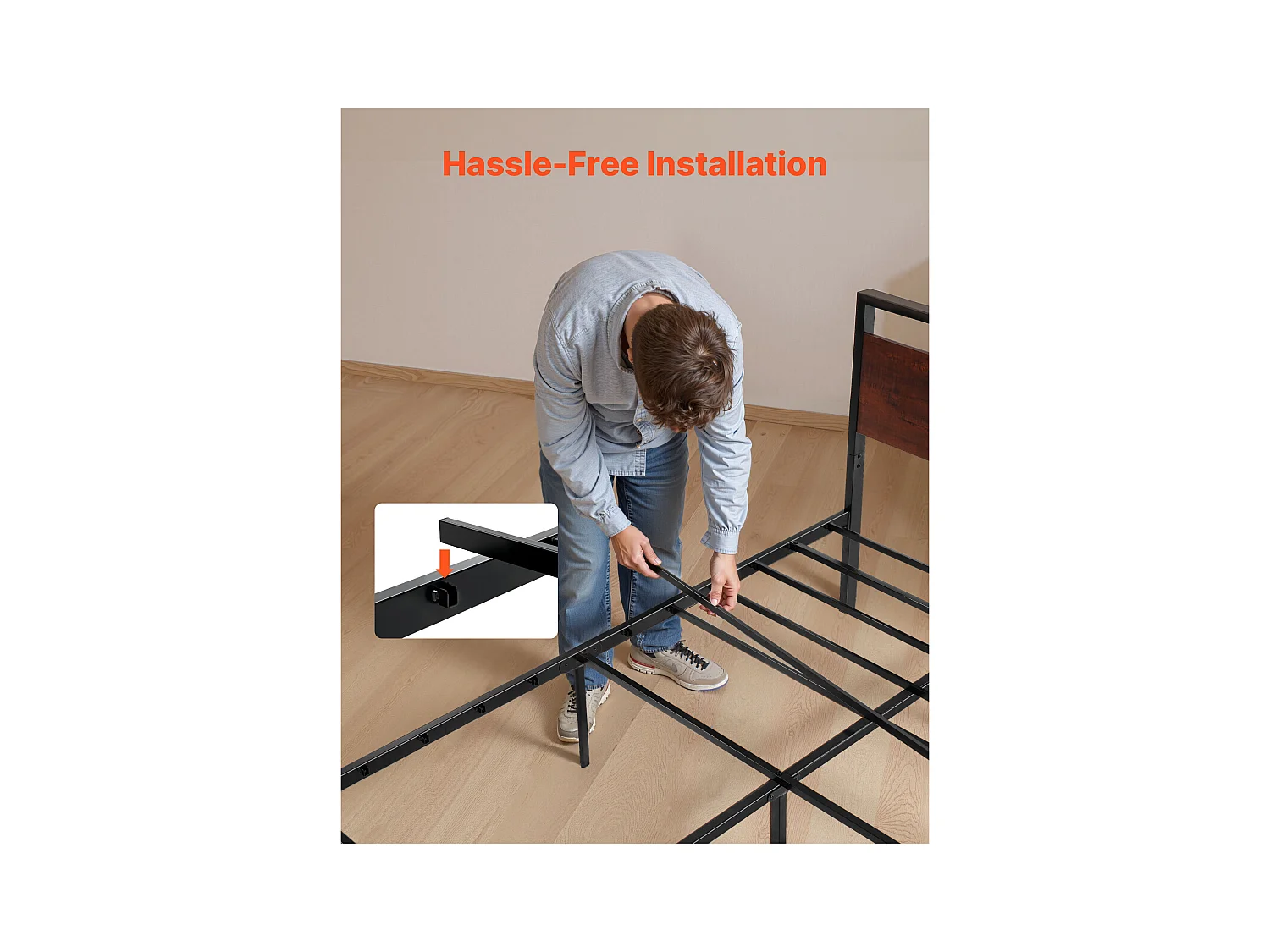 Cadre de Lit SucceBuy Double Full Size, Sommier Plateforme en Métal Noir, Espace de 31 cm, avec Tête et Pied en Bois Brun Rétro, Grand Espace de Rangement