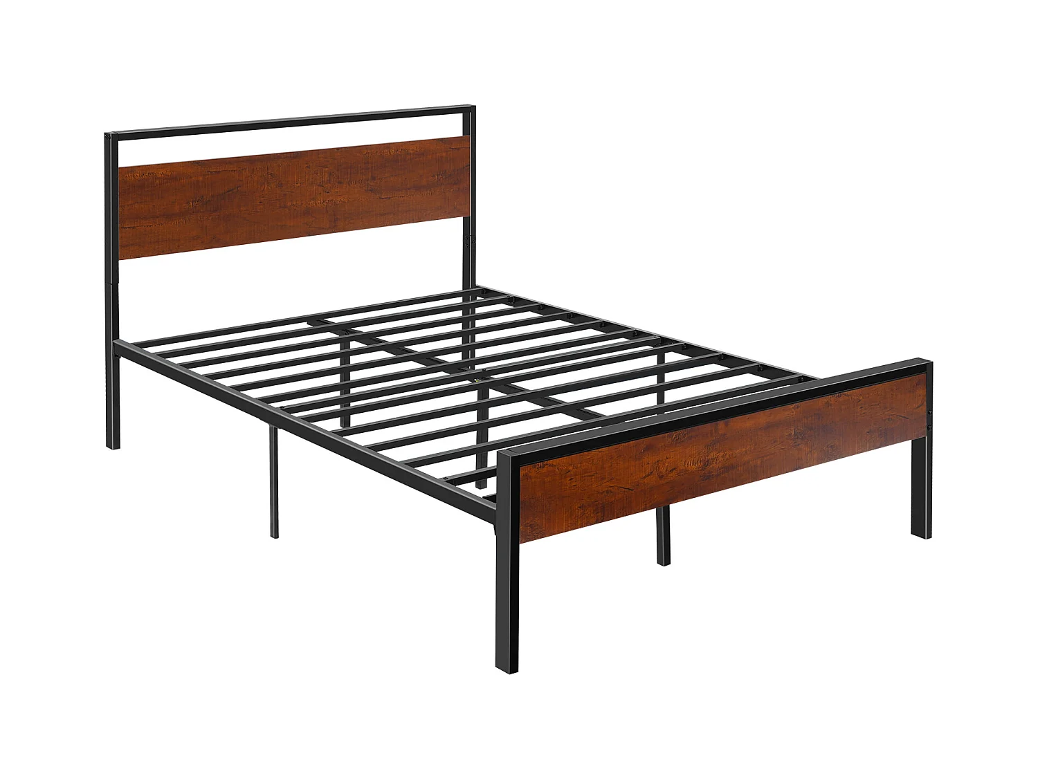 Cadre de Lit SucceBuy Double Full Size, Sommier Plateforme en Métal Noir, Espace de 31 cm, avec Tête et Pied en Bois Brun Rétro, Grand Espace de Rangement