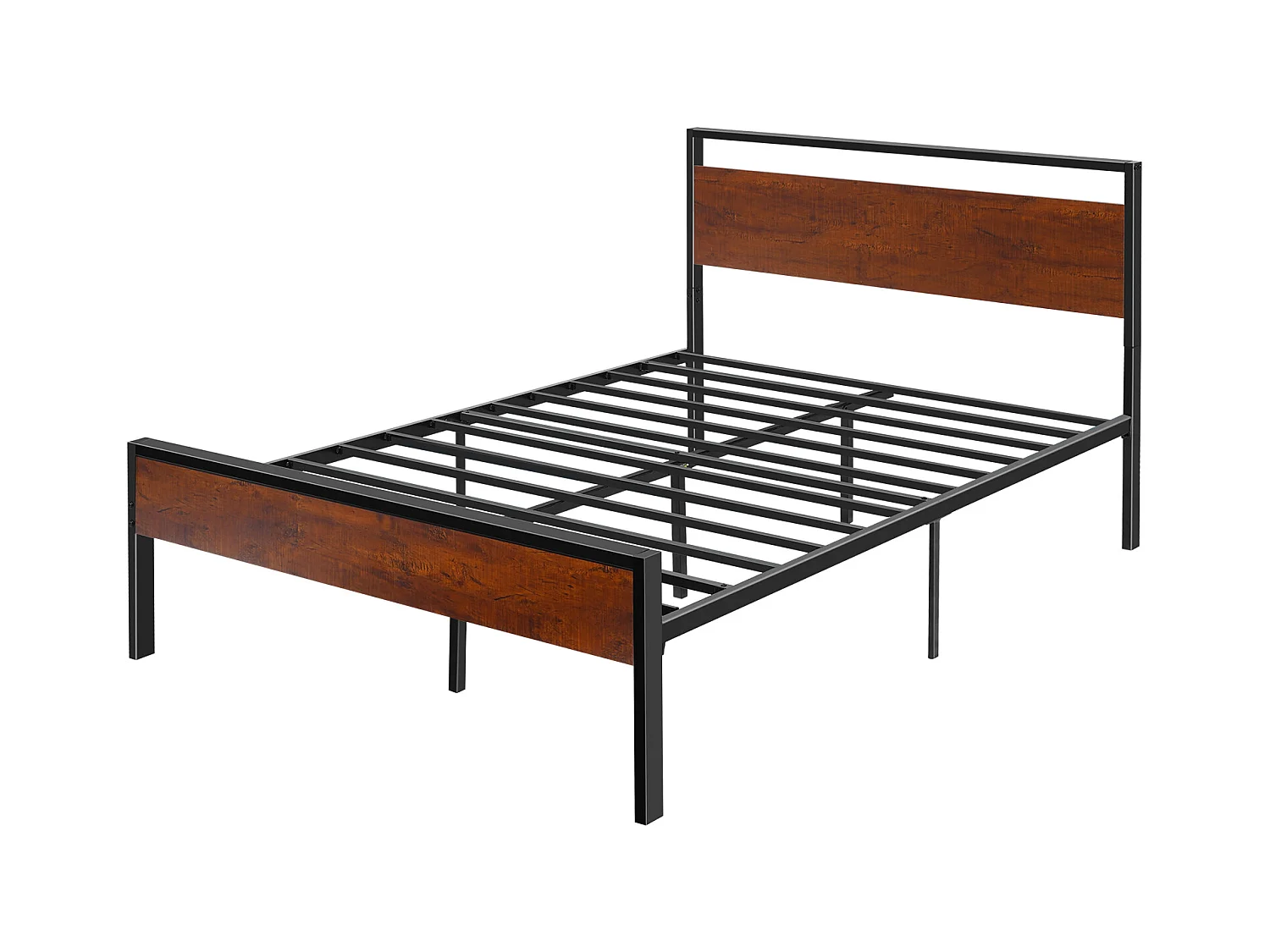 Cadre de Lit SucceBuy Double Full Size, Sommier Plateforme en Métal Noir, Espace de 31 cm, avec Tête et Pied en Bois Brun Rétro, Grand Espace de Rangement