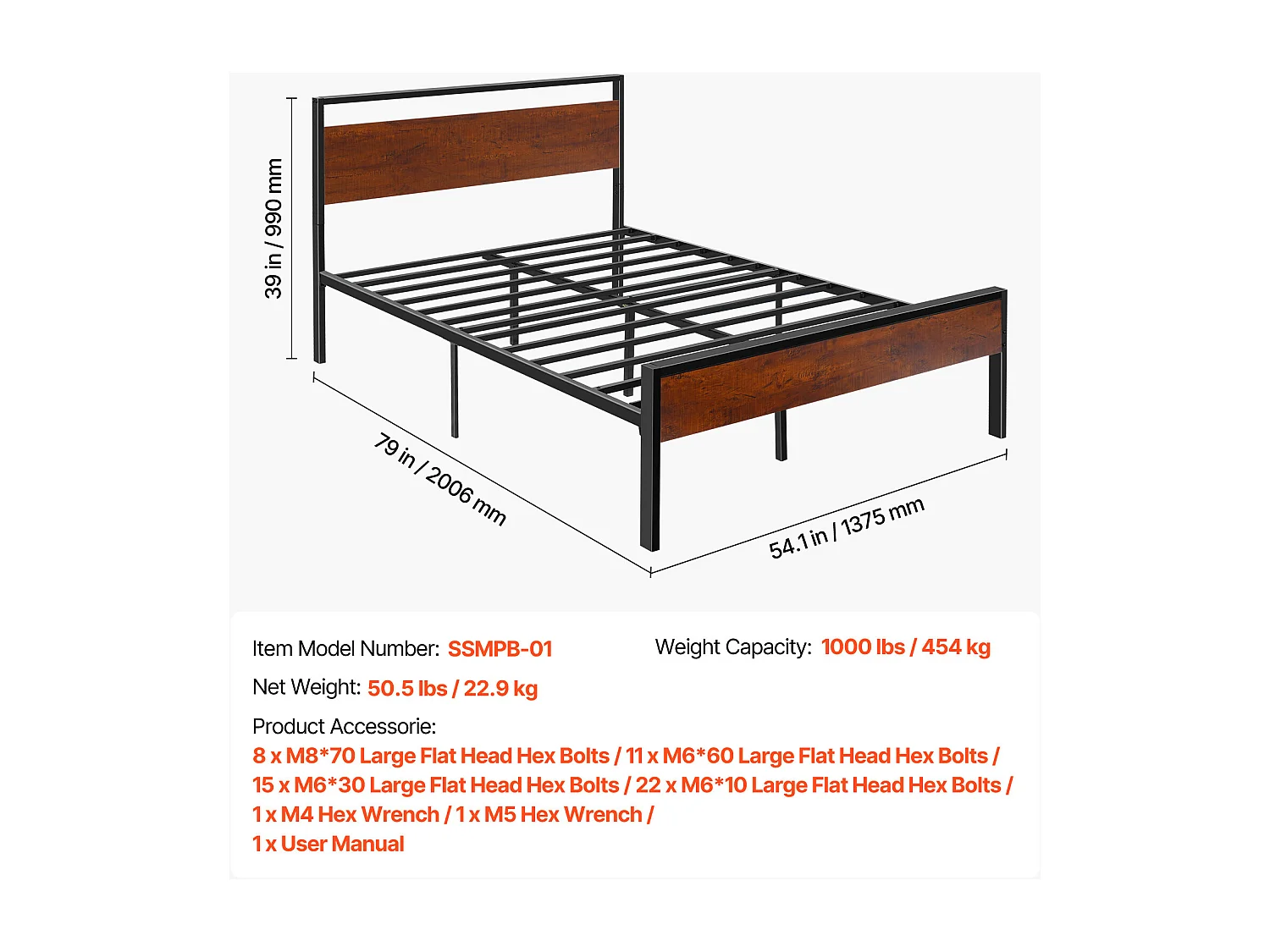 Cadre de Lit SucceBuy Double Full Size, Sommier Plateforme en Métal Noir, Espace de 31 cm, avec Tête et Pied en Bois Brun Rétro, Grand Espace de Rangement