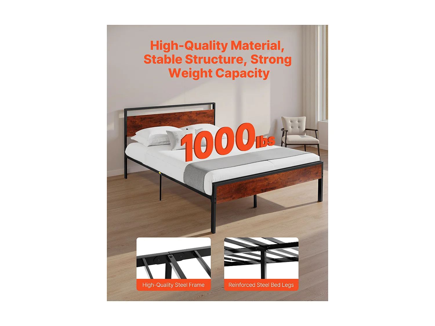 Cadre de Lit SucceBuy Double Full Size, Sommier Plateforme en Métal Noir, Espace de 31 cm, avec Tête et Pied en Bois Brun Rétro, Grand Espace de Rangement