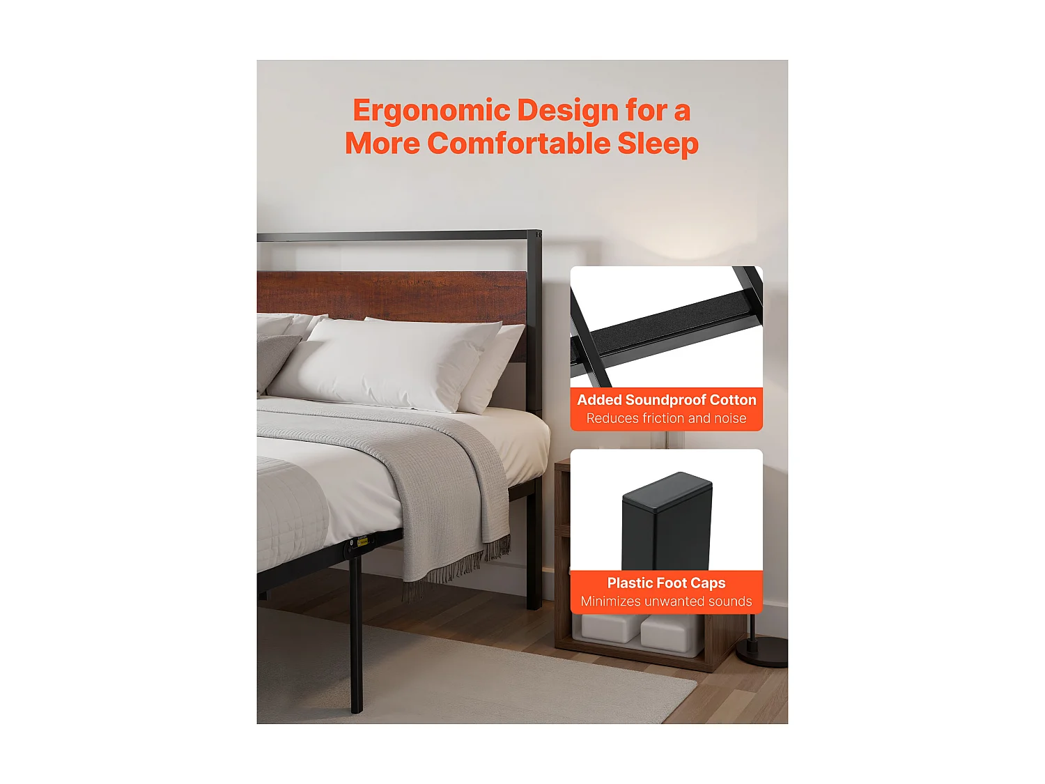 Cadre de Lit SucceBuy Double Full Size, Sommier Plateforme en Métal Noir, Espace de 31 cm, avec Tête et Pied en Bois Brun Rétro, Grand Espace de Rangement