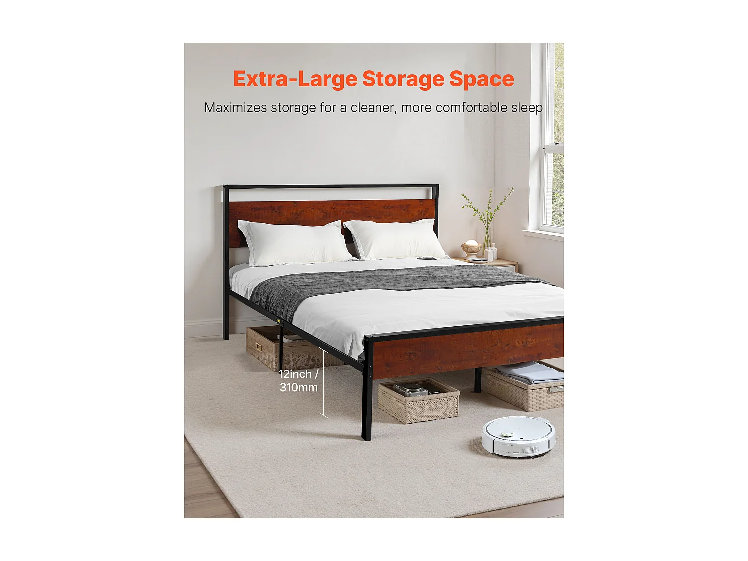 Cadre de Lit SucceBuy Double Full Size, Sommier Plateforme en Métal Noir, Espace de 31 cm, avec Tête et Pied en Bois Brun Rétro, Grand Espace de Rangement