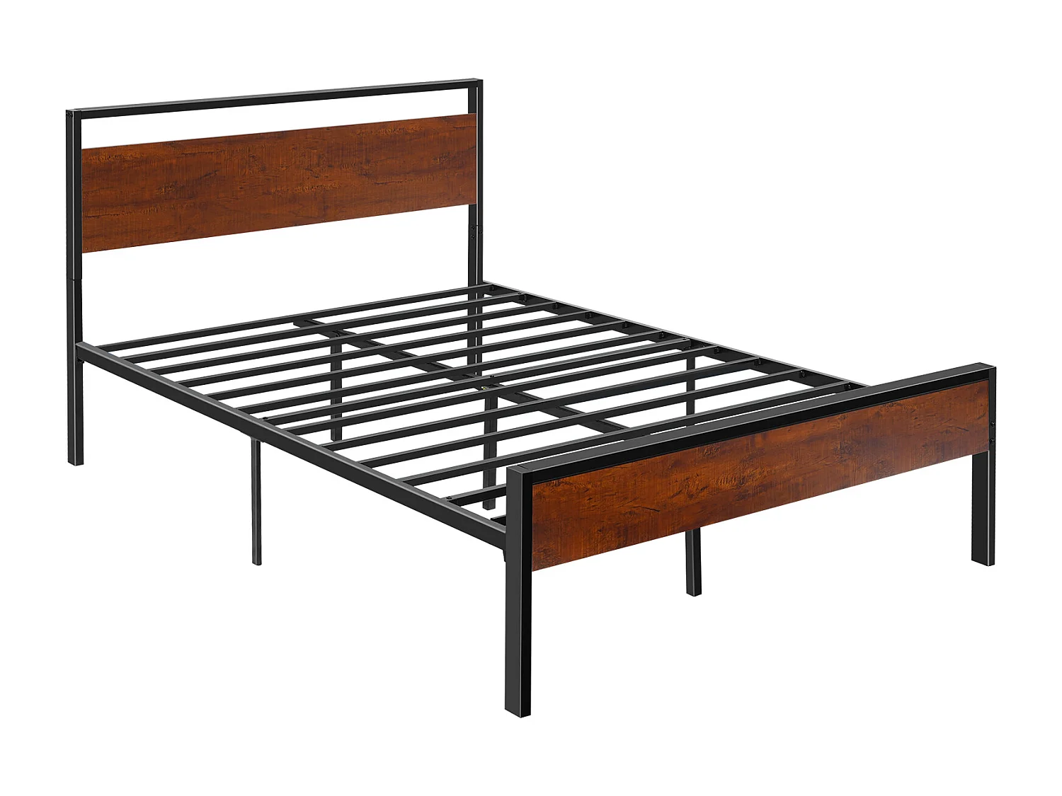 Cadre de Lit SucceBuy Double Full Size, Sommier Plateforme en Métal Noir, Espace de 31 cm, avec Tête et Pied en Bois Brun Rétro, Grand Espace de Rangement