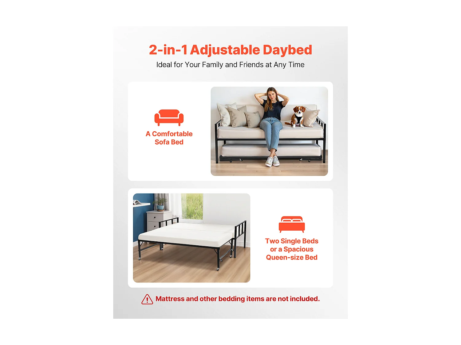 Cadre de Lit SucceBuy de Jour Jumeau en Métal Robuste, Lit Gigogne Jumeau sans Matelas, avec Support à Lattes Métalliques, Facile à Ranger, Noir