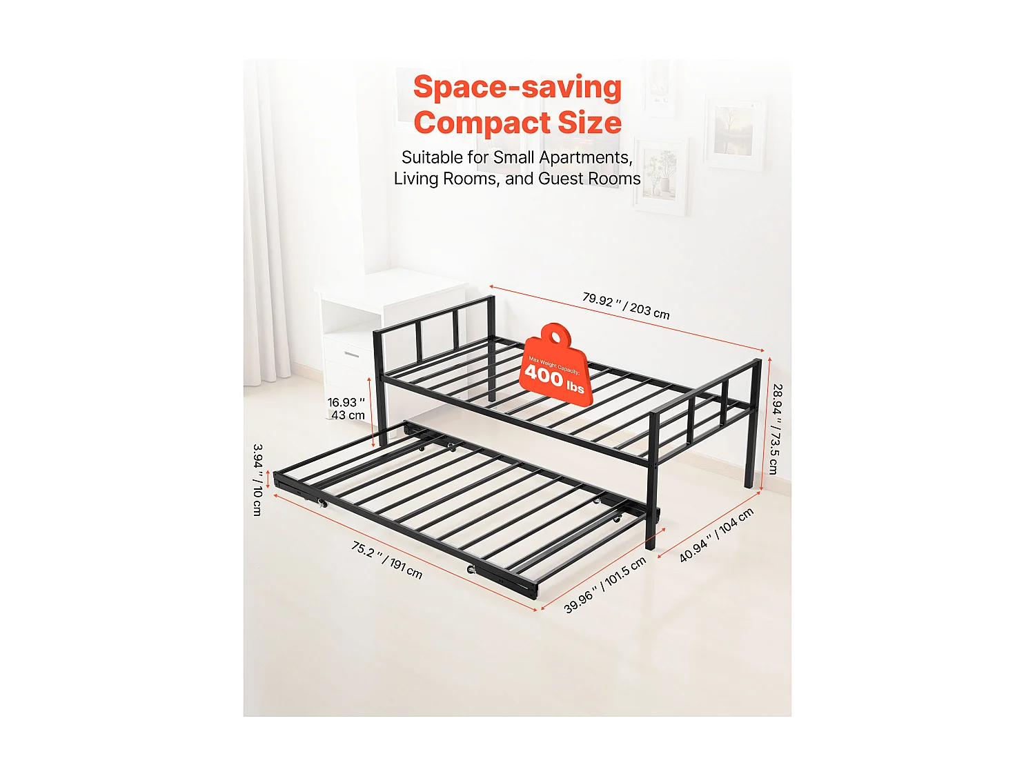 Cadre de Lit SucceBuy de Jour Jumeau en Métal Robuste, Lit Gigogne Jumeau sans Matelas, avec Support à Lattes Métalliques, Facile à Ranger, Noir