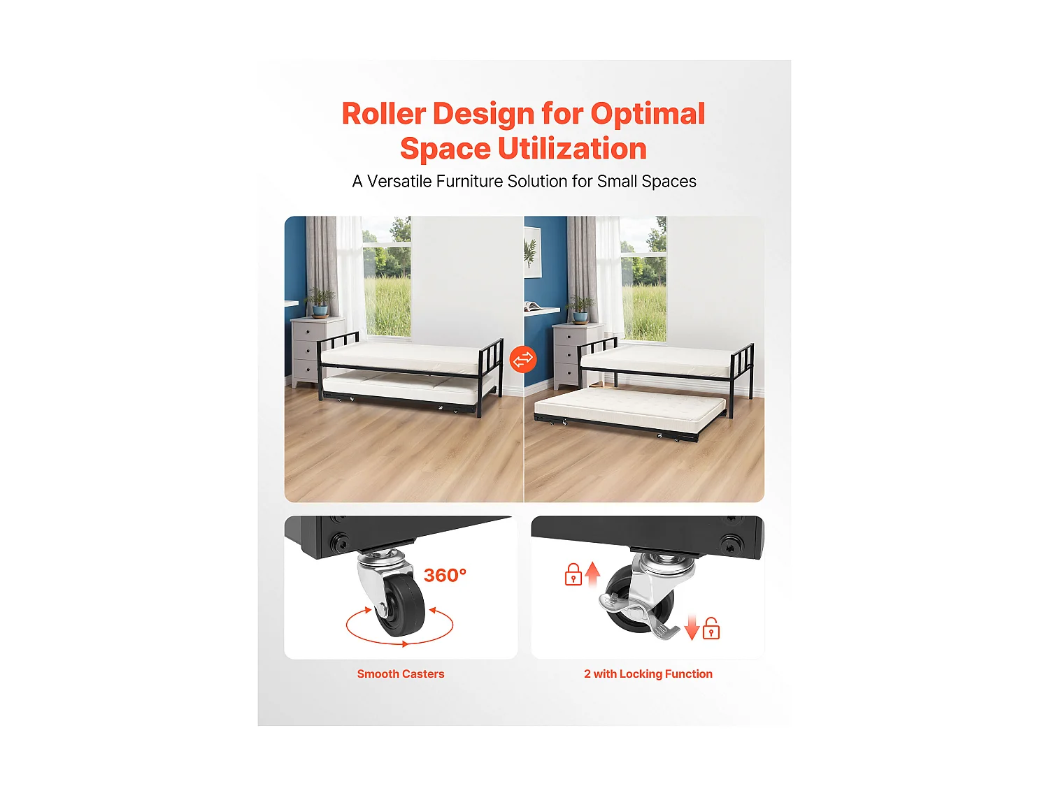 Cadre de Lit SucceBuy de Jour Jumeau en Métal Robuste, Lit Gigogne Jumeau sans Matelas, avec Support à Lattes Métalliques, Facile à Ranger, Noir