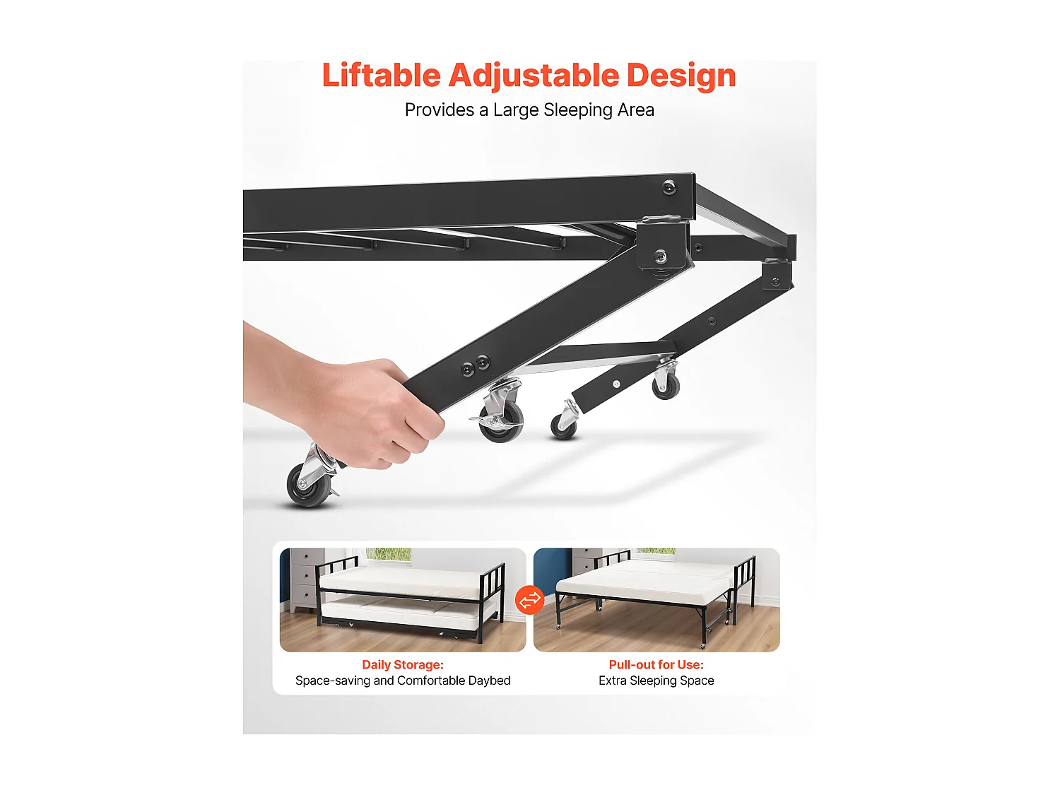 Cadre de Lit SucceBuy de Jour Jumeau en Métal Robuste, Lit Gigogne Jumeau sans Matelas, avec Support à Lattes Métalliques, Facile à Ranger, Noir