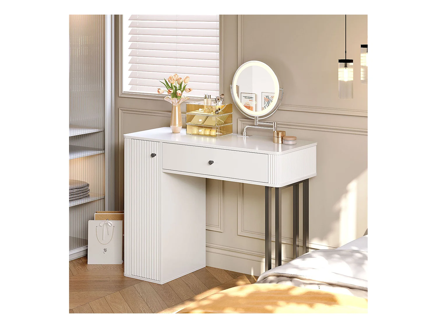 Coiffeuse avec miroir 100x40x116cm - avec éclairage LED 3 couleurs - avec 1 tiroir et 1 porte - Blanc