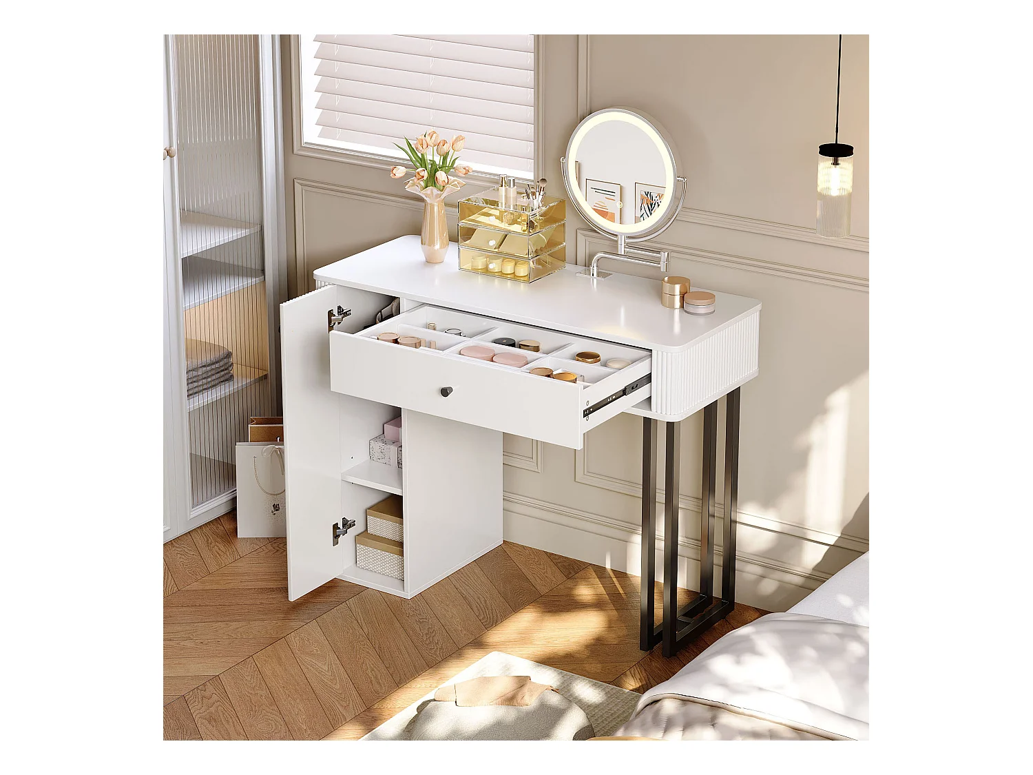 Coiffeuse avec miroir 100x40x116cm - avec éclairage LED 3 couleurs - avec 1 tiroir et 1 porte - Blanc