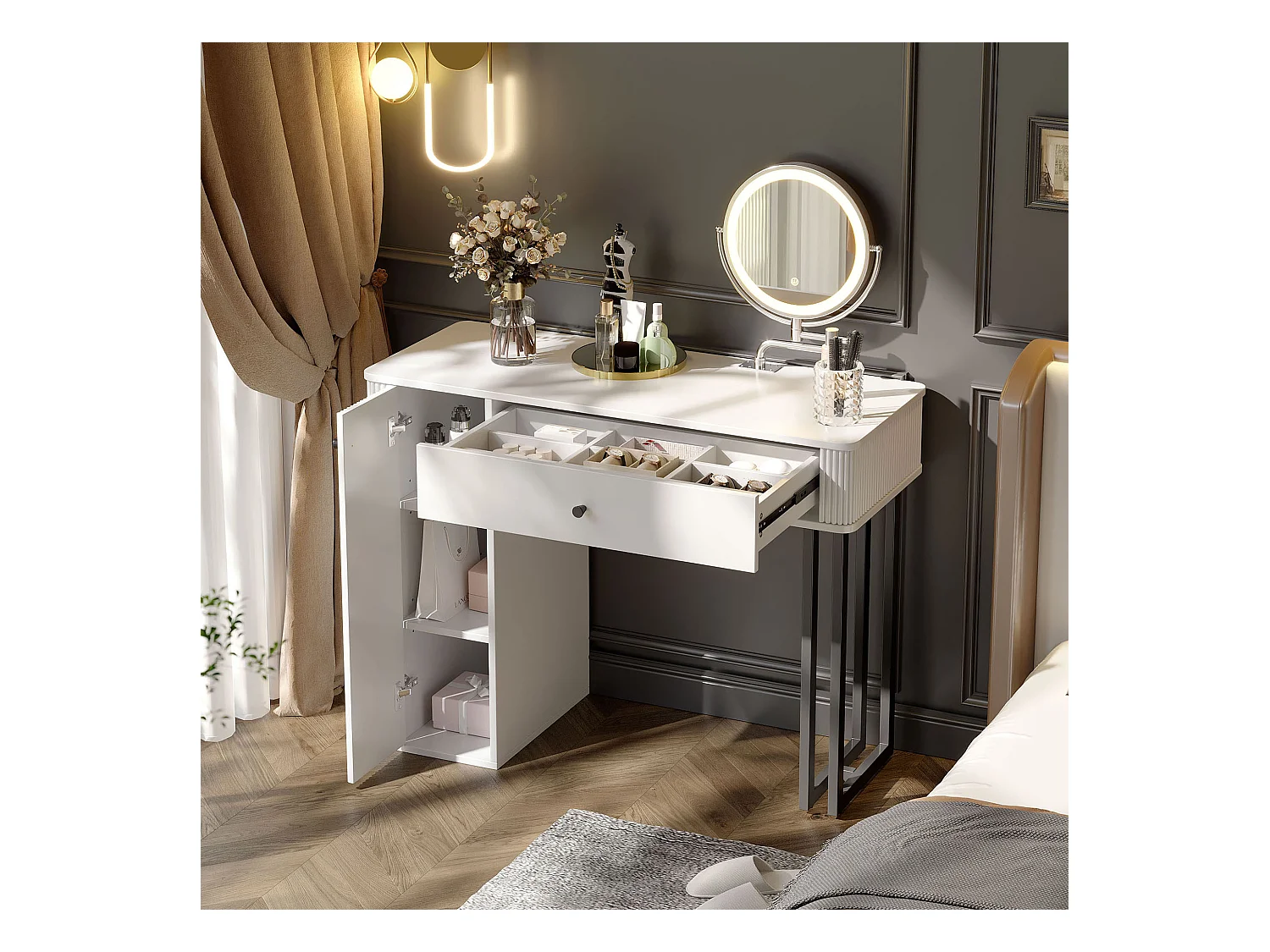 Coiffeuse avec miroir 100x40x116cm - avec éclairage LED 3 couleurs - avec 1 tiroir et 1 porte - Blanc