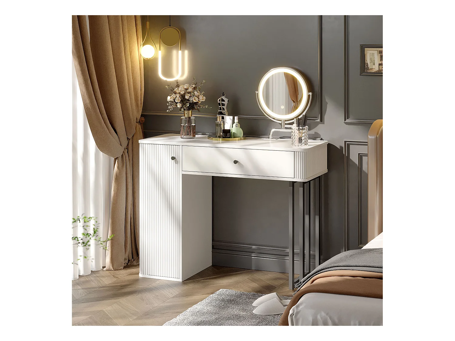 Coiffeuse avec miroir 100x40x116cm - avec éclairage LED 3 couleurs - avec 1 tiroir et 1 porte - Blanc