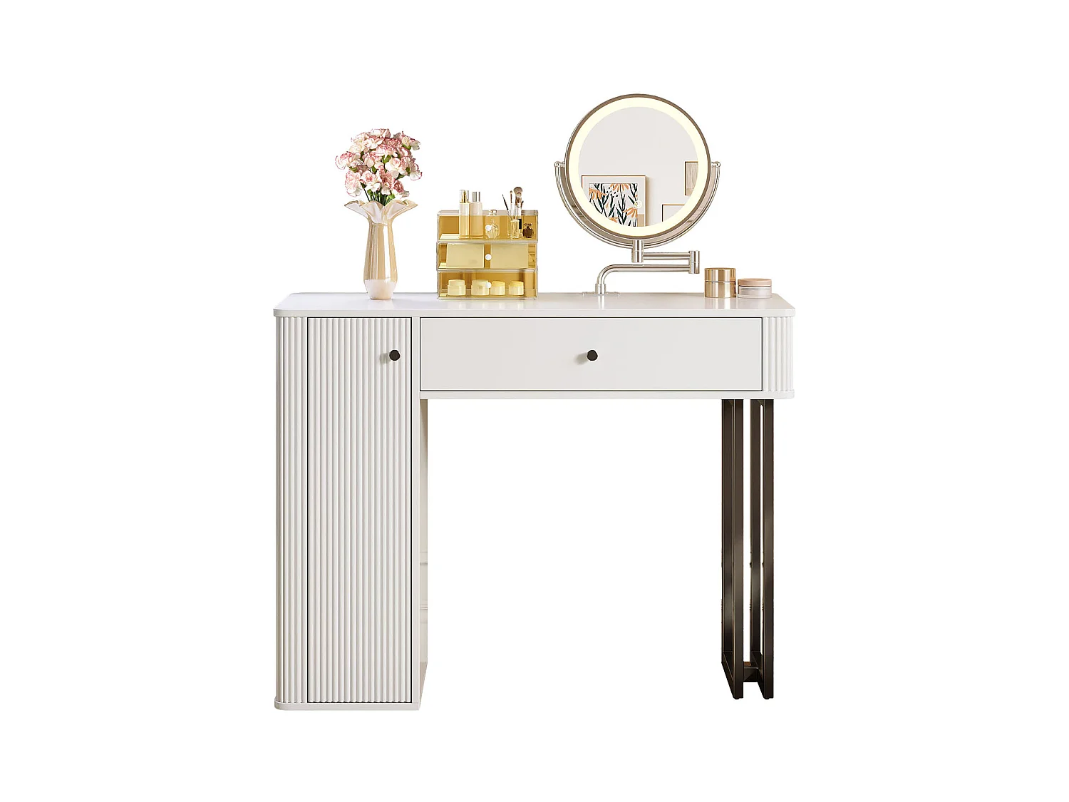 Coiffeuse avec miroir 100x40x116cm - avec éclairage LED 3 couleurs - avec 1 tiroir et 1 porte - Blanc