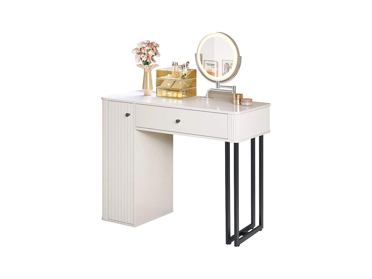 Coiffeuse avec miroir 100x40x116cm - avec éclairage LED 3 couleurs - avec 1 tiroir et 1 porte - Blanc