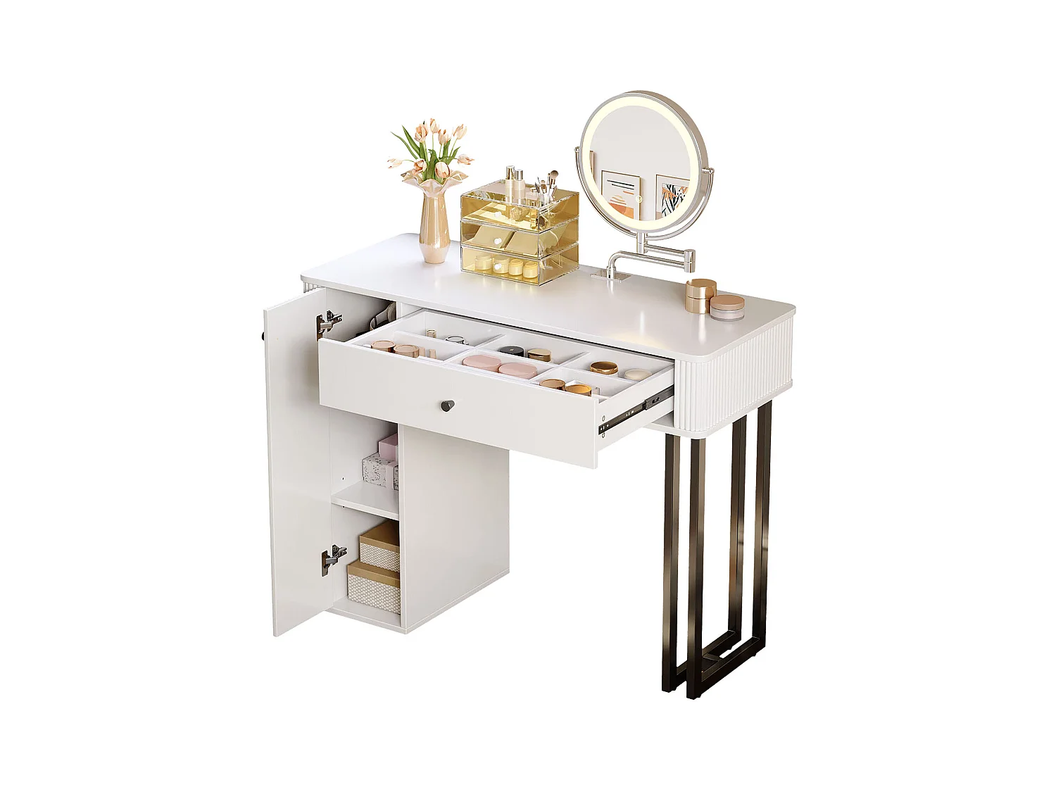 Coiffeuse avec miroir 100x40x116cm - avec éclairage LED 3 couleurs - avec 1 tiroir et 1 porte - Blanc
