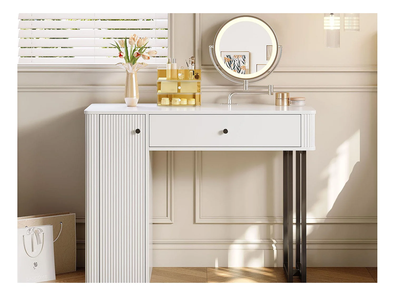 Schminktisch mit Spiegel 100x40x116 cm - mit 3-farbiger LED-Beleuchtung - mit 1 Schublade und 1 Tür - Weiß