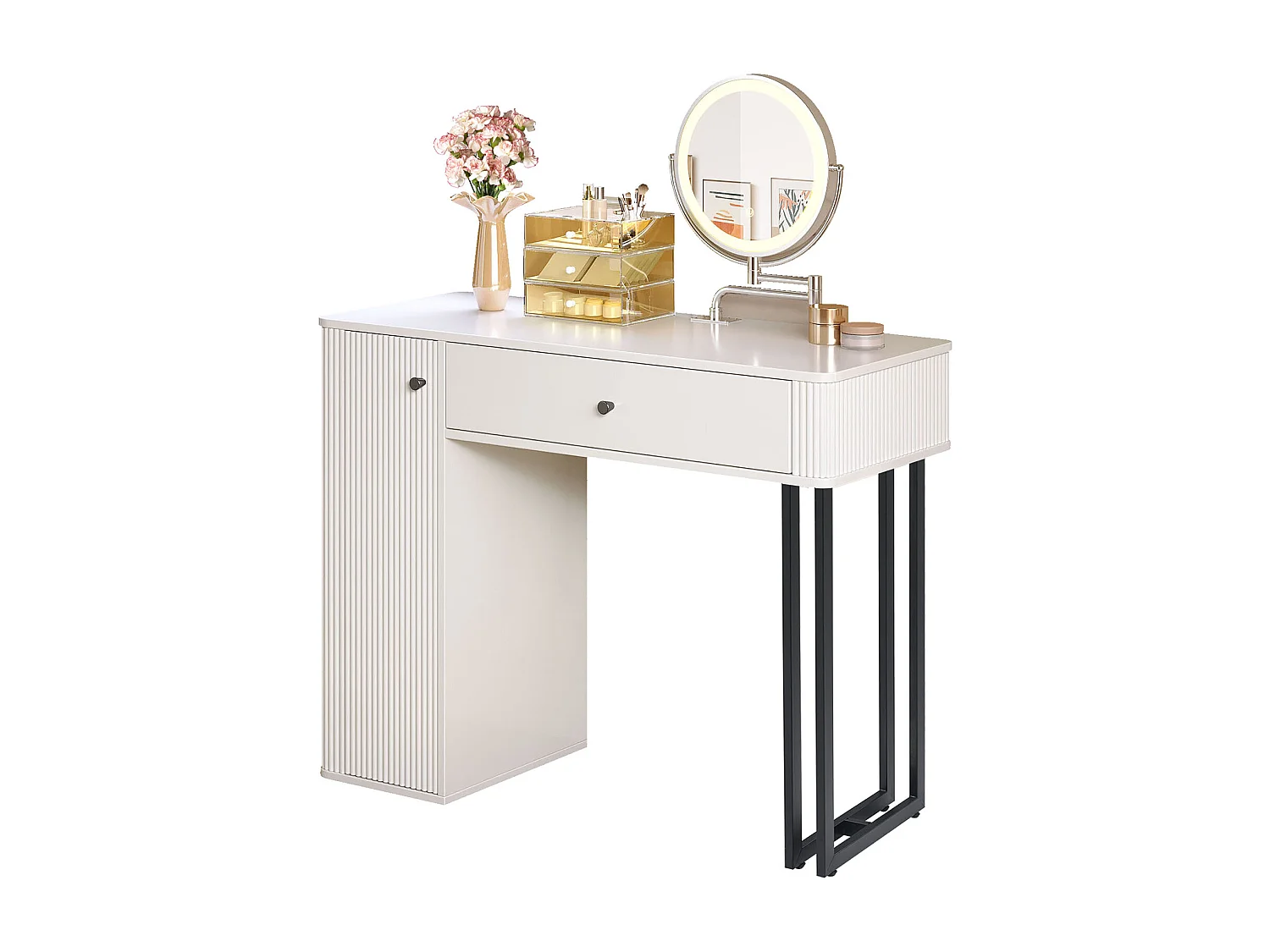 Coiffeuse avec miroir 100x40x116cm - avec éclairage LED 3 couleurs - avec 1 tiroir et 1 porte - Blanc