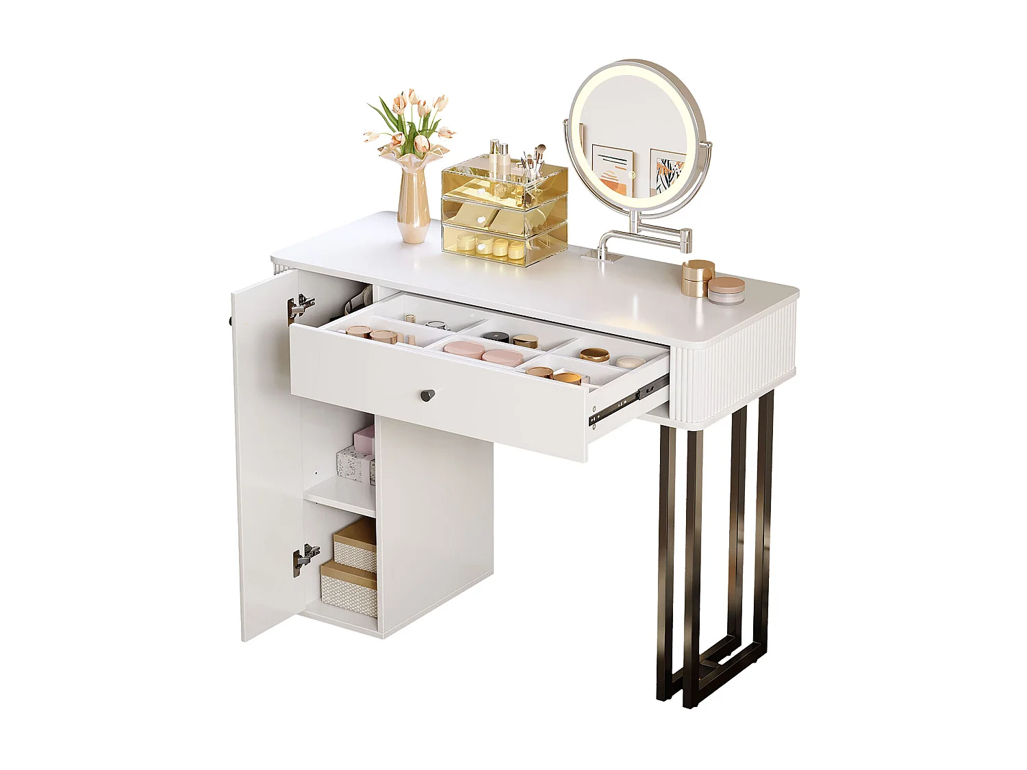 Coiffeuse avec miroir 100x40x116cm - avec éclairage LED 3 couleurs - avec 1 tiroir et 1 porte - Blanc