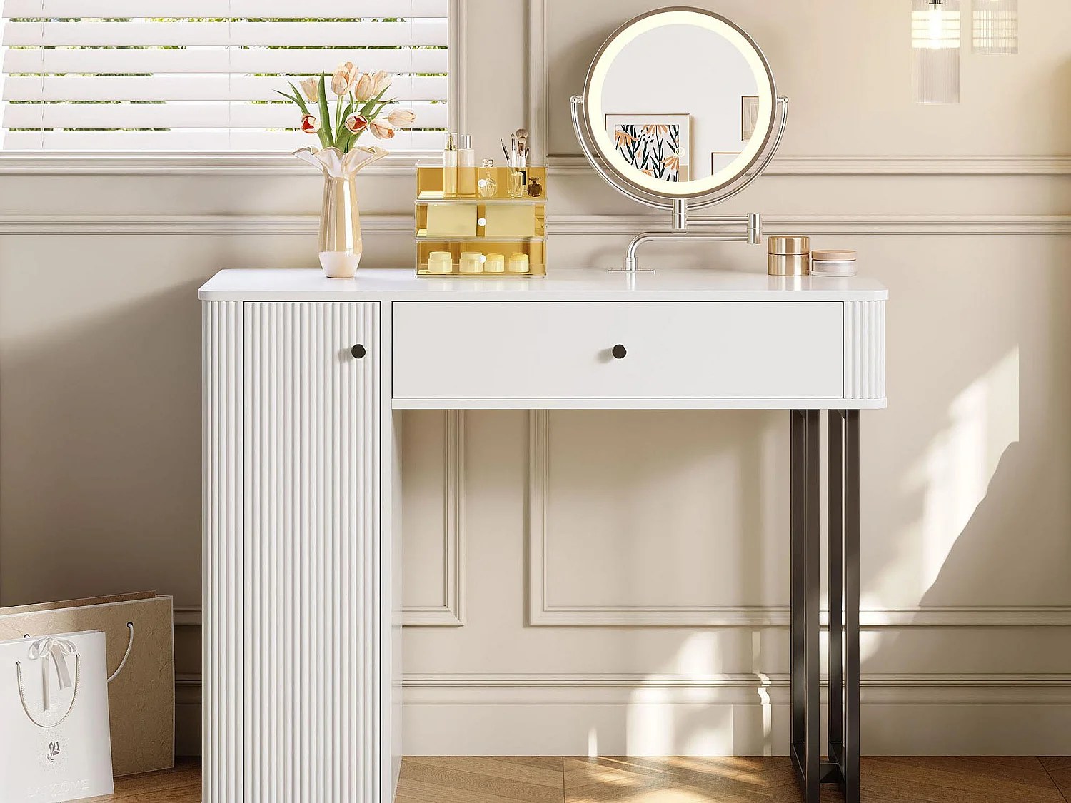 Coiffeuse avec miroir 100x40x116cm - avec éclairage LED 3 couleurs - avec 1 tiroir et 1 porte - Blanc