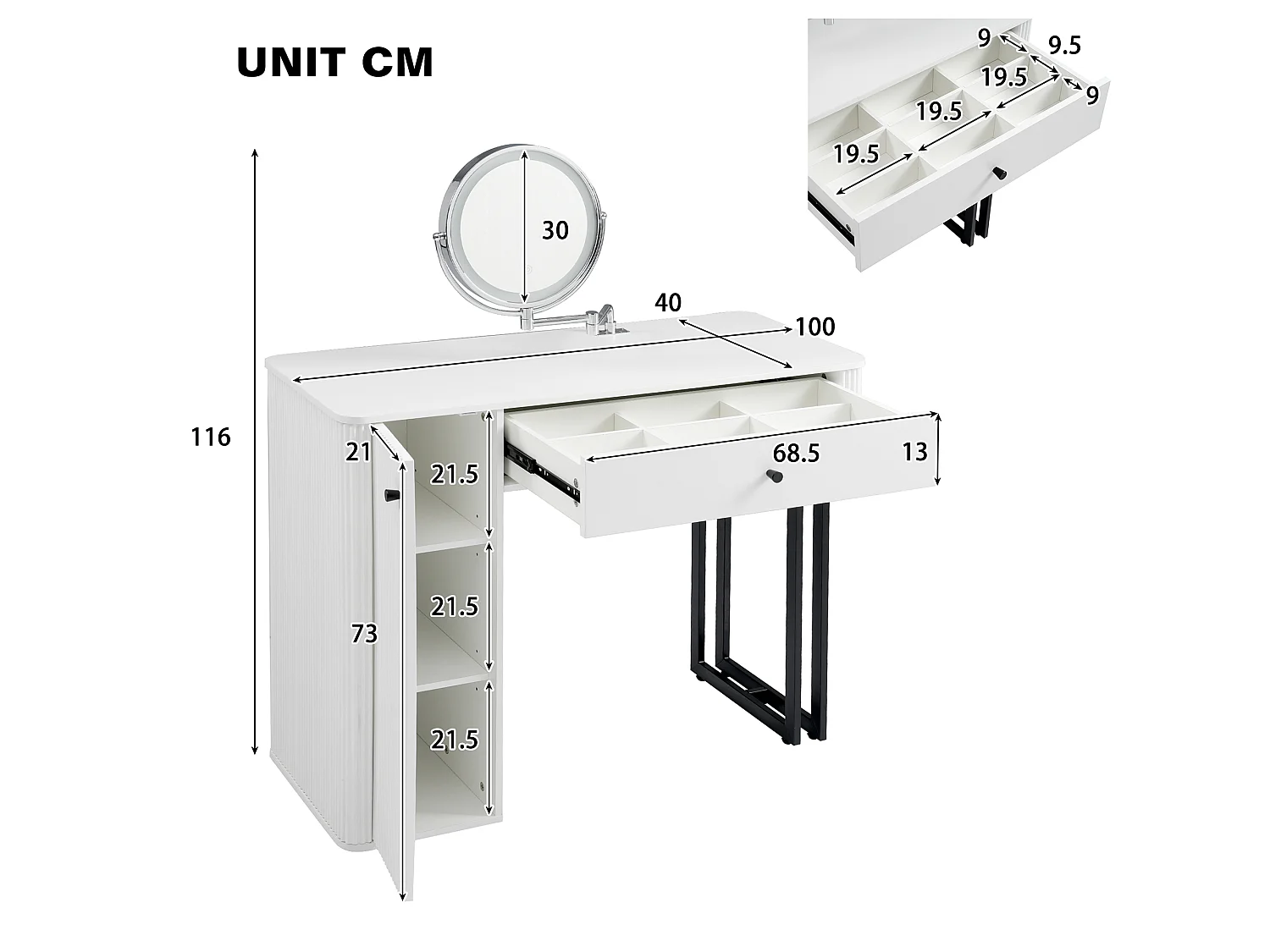 Coiffeuse avec miroir 100x40x116cm - avec éclairage LED 3 couleurs - avec 1 tiroir et 1 porte - Blanc