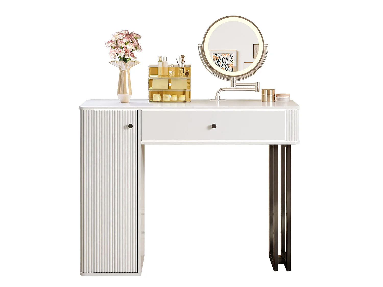 Coiffeuse avec miroir 100x40x116cm - avec éclairage LED 3 couleurs - avec 1 tiroir et 1 porte - Blanc