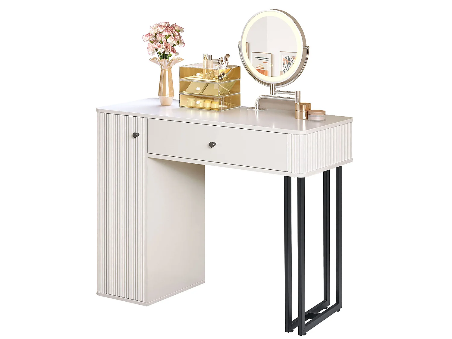 Coiffeuse avec miroir 100x40x116cm - avec éclairage LED 3 couleurs - avec 1 tiroir et 1 porte - Blanc