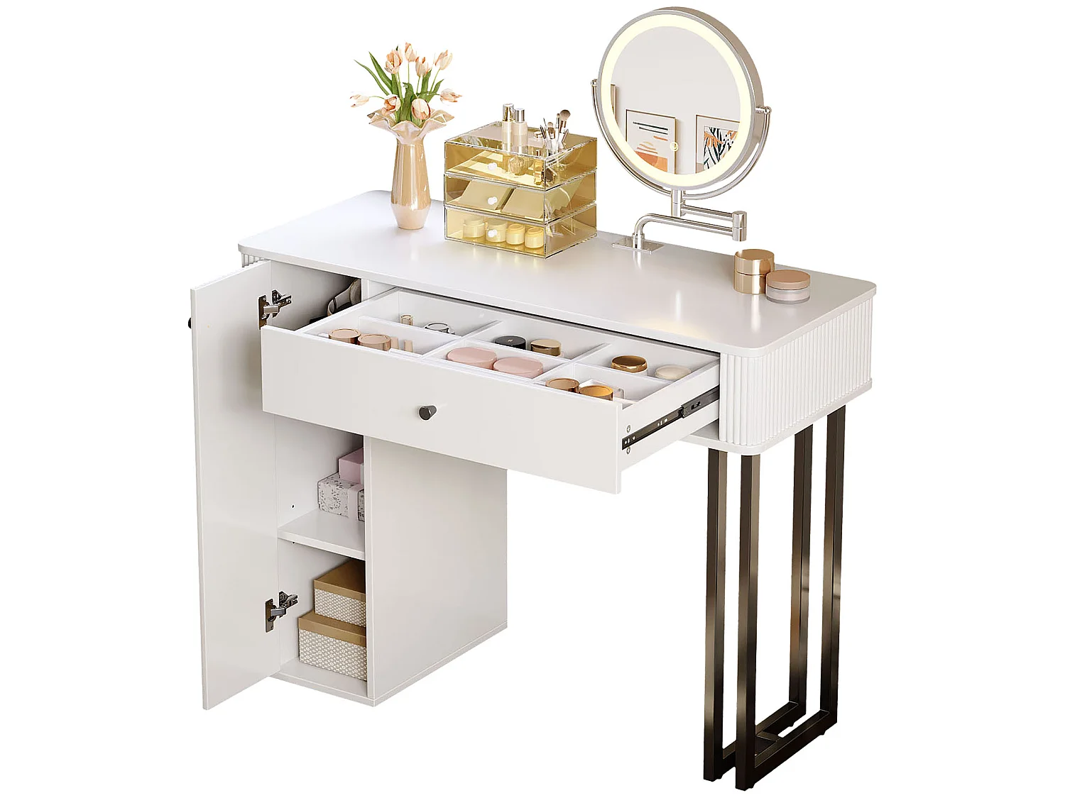 Coiffeuse avec miroir 100x40x116cm - avec éclairage LED 3 couleurs - avec 1 tiroir et 1 porte - Blanc