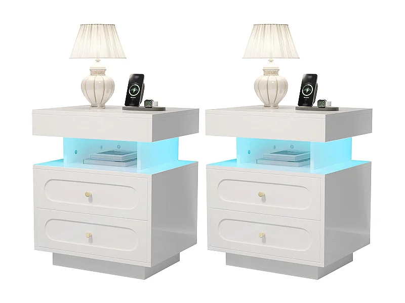 2 Sets Nachttische 100x40x60 cm - mit LED-Beleuchtung - mit 4 Schubladen und 2 offenen Stauräumen - Weiß