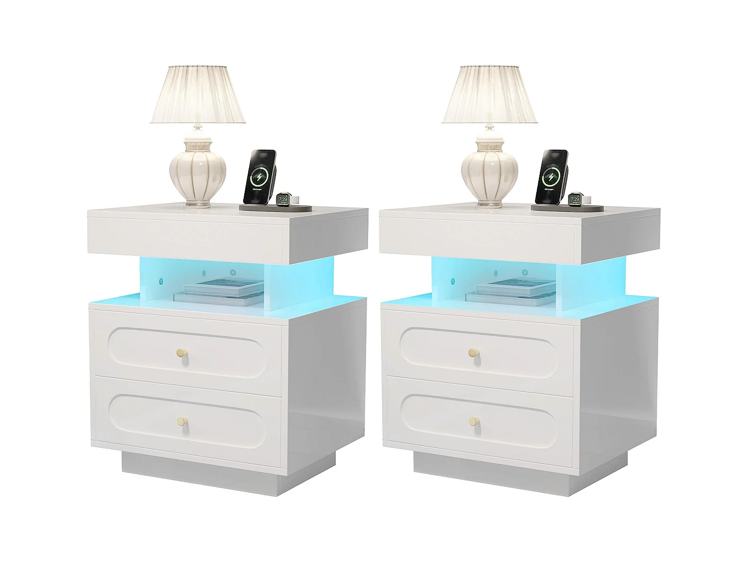 2 sets nachtkastjes 100x40x60 cm - met LED-verlichting - met 4 laden en 2 open opbergruimtes - Wit