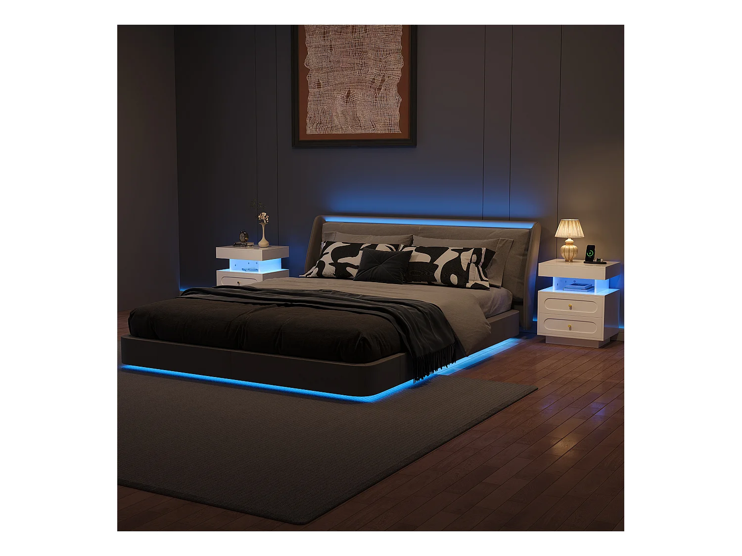 2 sets nachtkastjes 100x40x60 cm - met LED-verlichting - met 4 laden en 2 open opbergruimtes - Wit