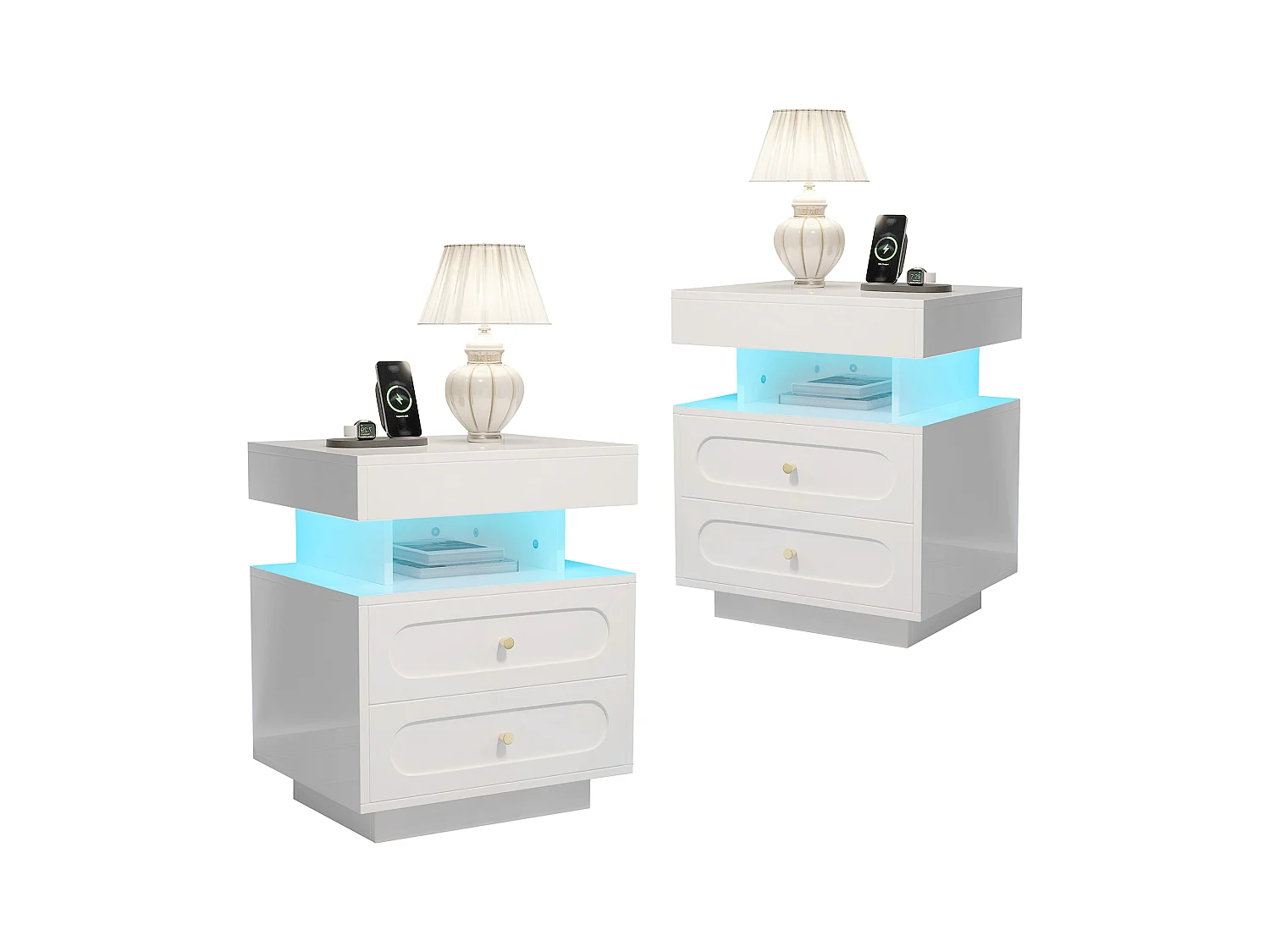 2 sets nachtkastjes 100x40x60 cm - met LED-verlichting - met 4 laden en 2 open opbergruimtes - Wit