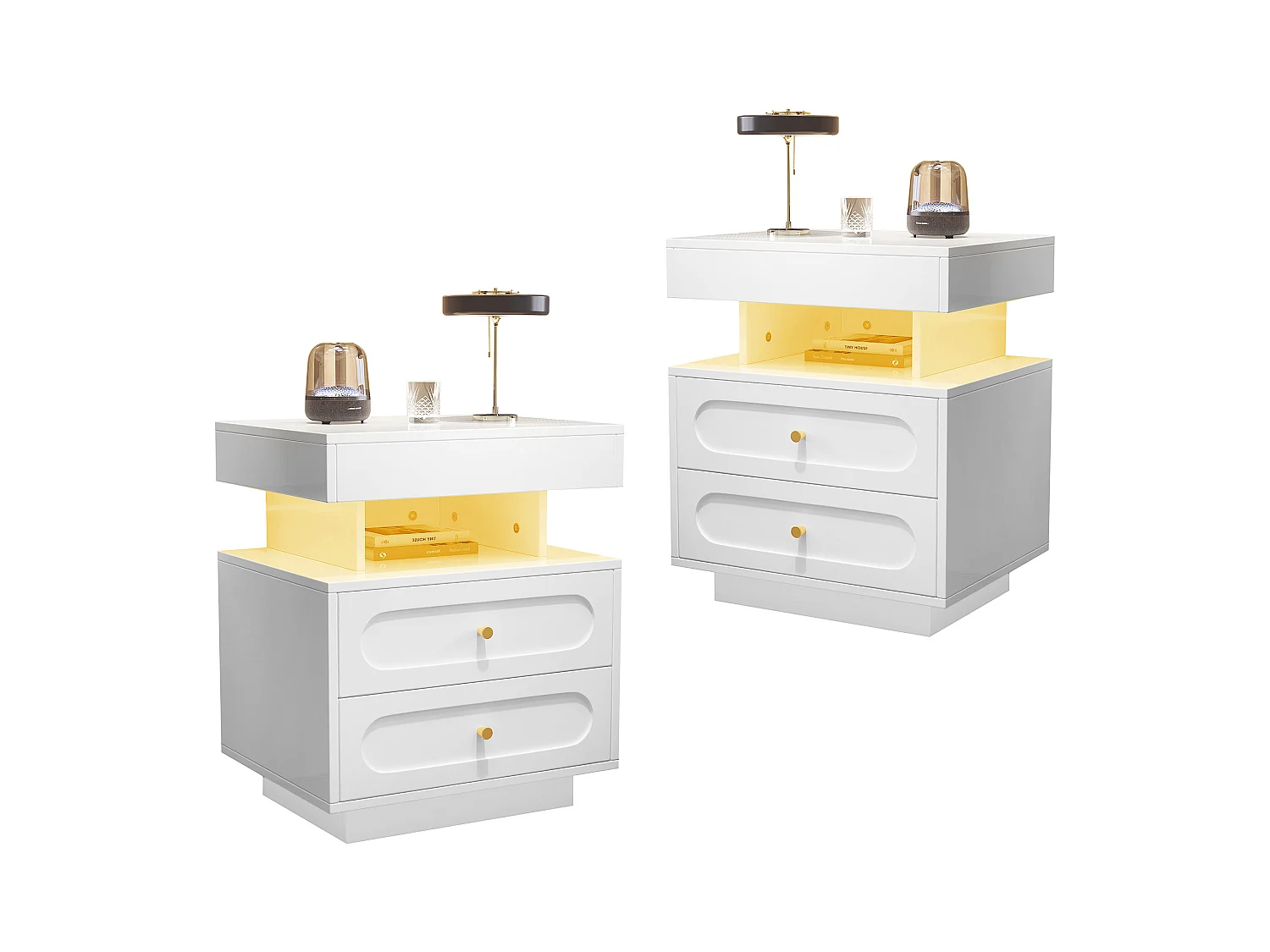 2 sets nachtkastjes 100x40x60 cm - met LED-verlichting - met 4 laden en 2 open opbergruimtes - Wit