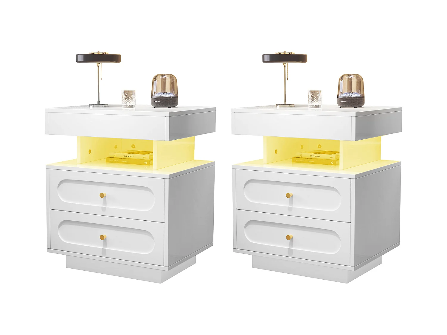 2 sets nachtkastjes 100x40x60 cm - met LED-verlichting - met 4 laden en 2 open opbergruimtes - Wit