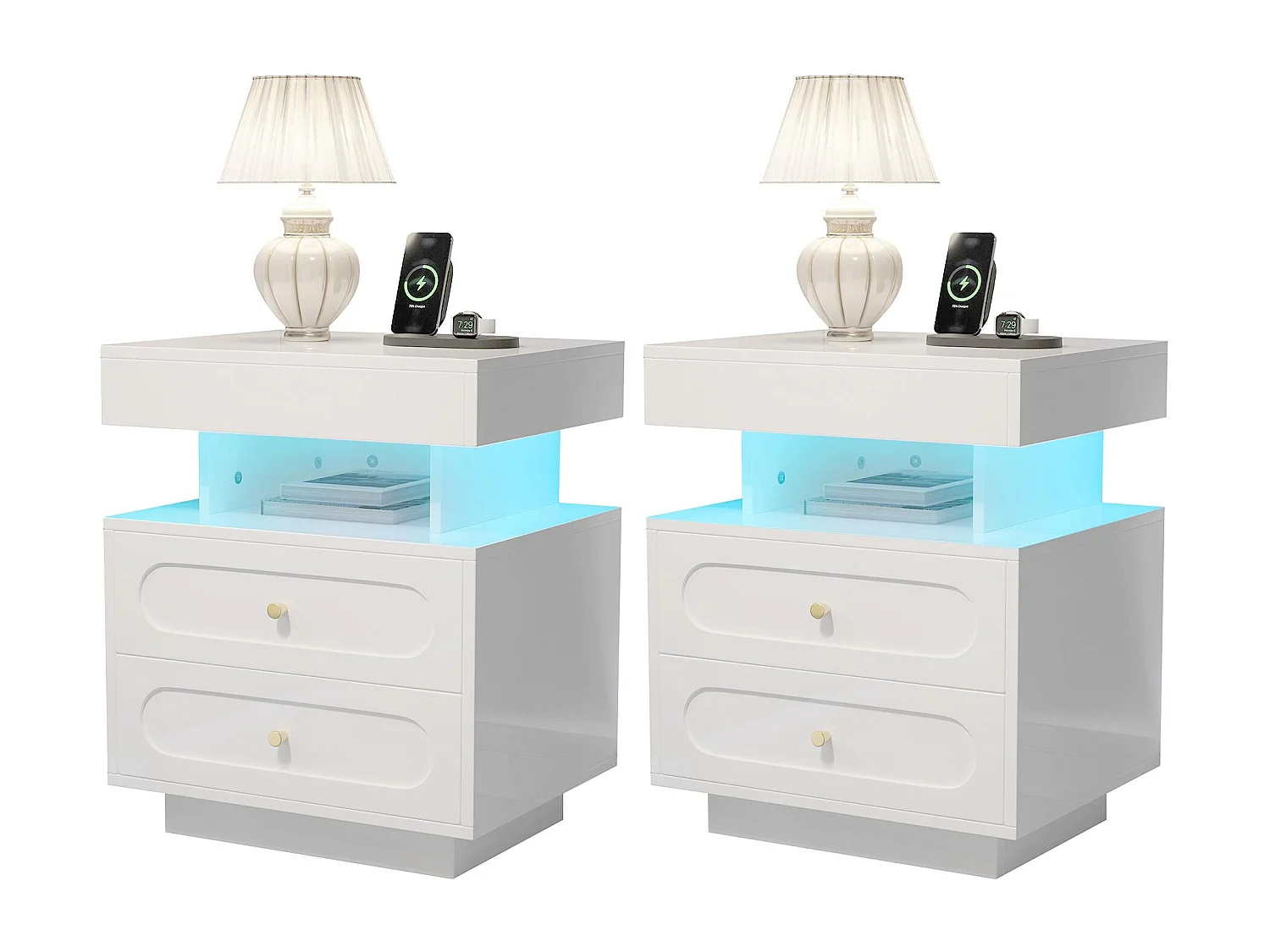 2 ensembles de tables de chevet 100x40x60cm - avec éclairage LED - avec 4 tiroirs et 2 espaces de rangement ouverts - Blanc