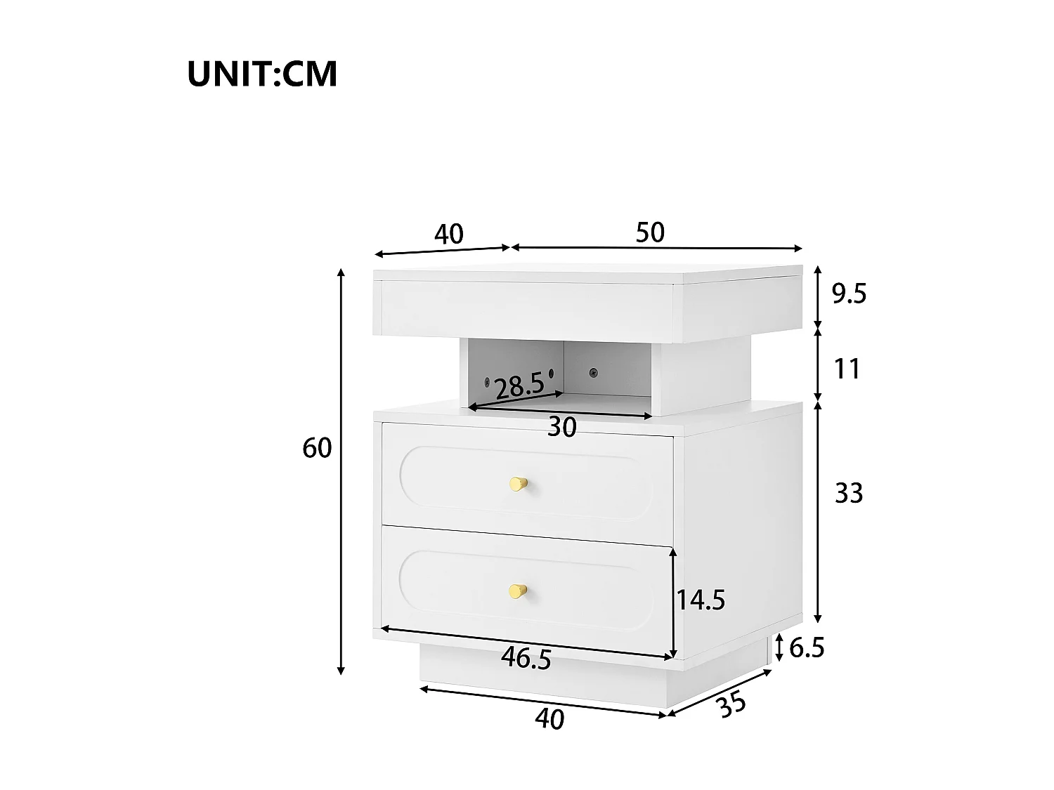 2 ensembles de tables de chevet 100x40x60cm - avec éclairage LED - avec 4 tiroirs et 2 espaces de rangement ouverts - Blanc
