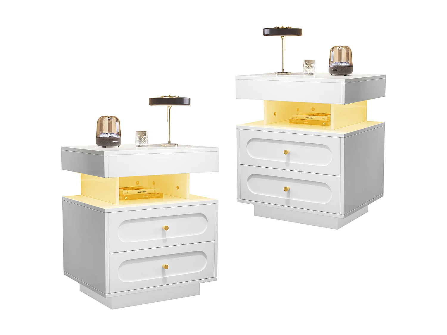 2 ensembles de tables de chevet 100x40x60cm - avec éclairage LED - avec 4 tiroirs et 2 espaces de rangement ouverts - Blanc