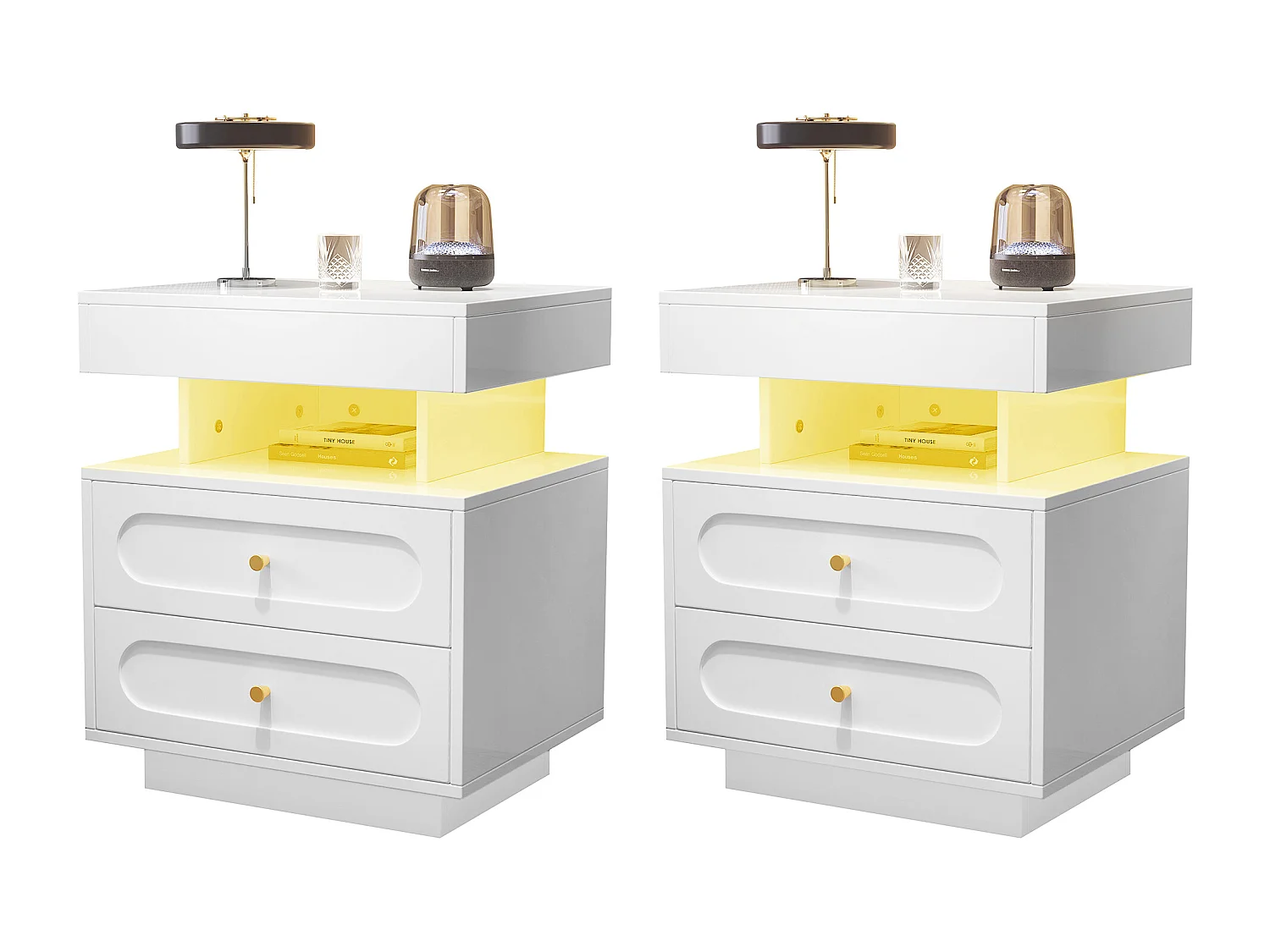 2 ensembles de tables de chevet 100x40x60cm - avec éclairage LED - avec 4 tiroirs et 2 espaces de rangement ouverts - Blanc