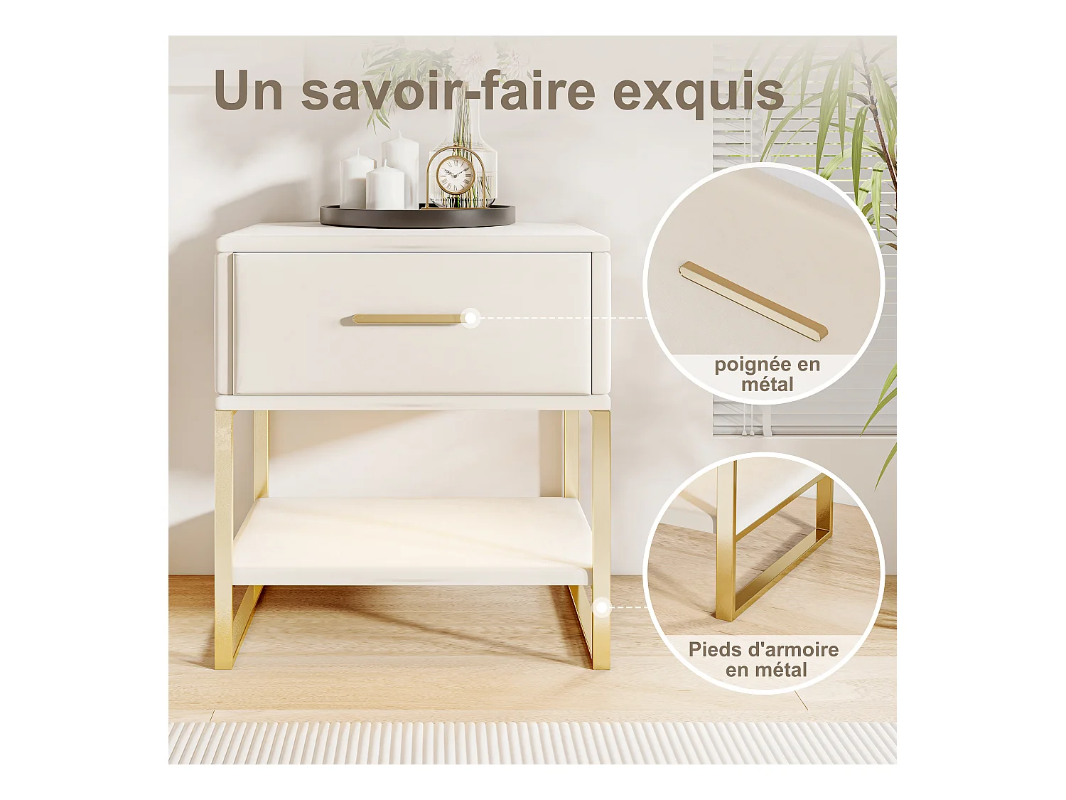 Lot de 2 Tables de chevet, éclairage LED, Table de Nuit en Velours Beige, 1 tiroir et compartiments ouverts, Pieds Métalliques Doré