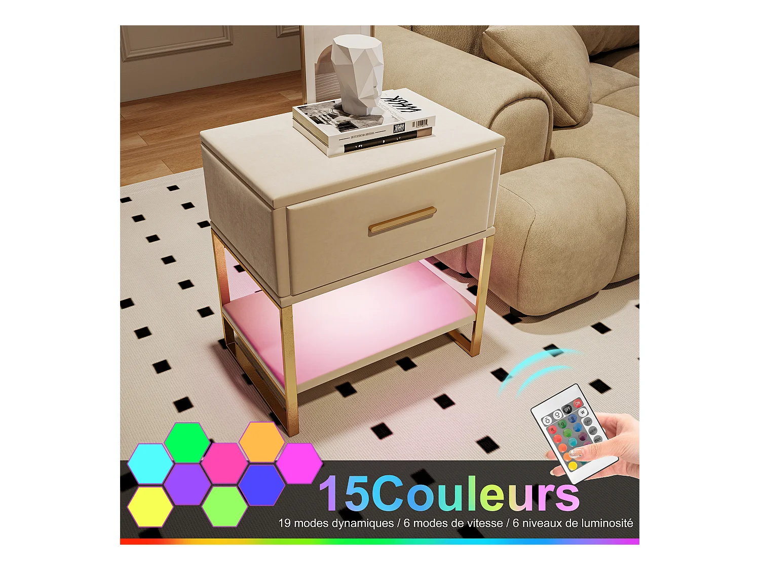 Lot de 2 Tables de chevet, éclairage LED, Table de Nuit en Velours Beige, 1 tiroir et compartiments ouverts, Pieds Métalliques Doré