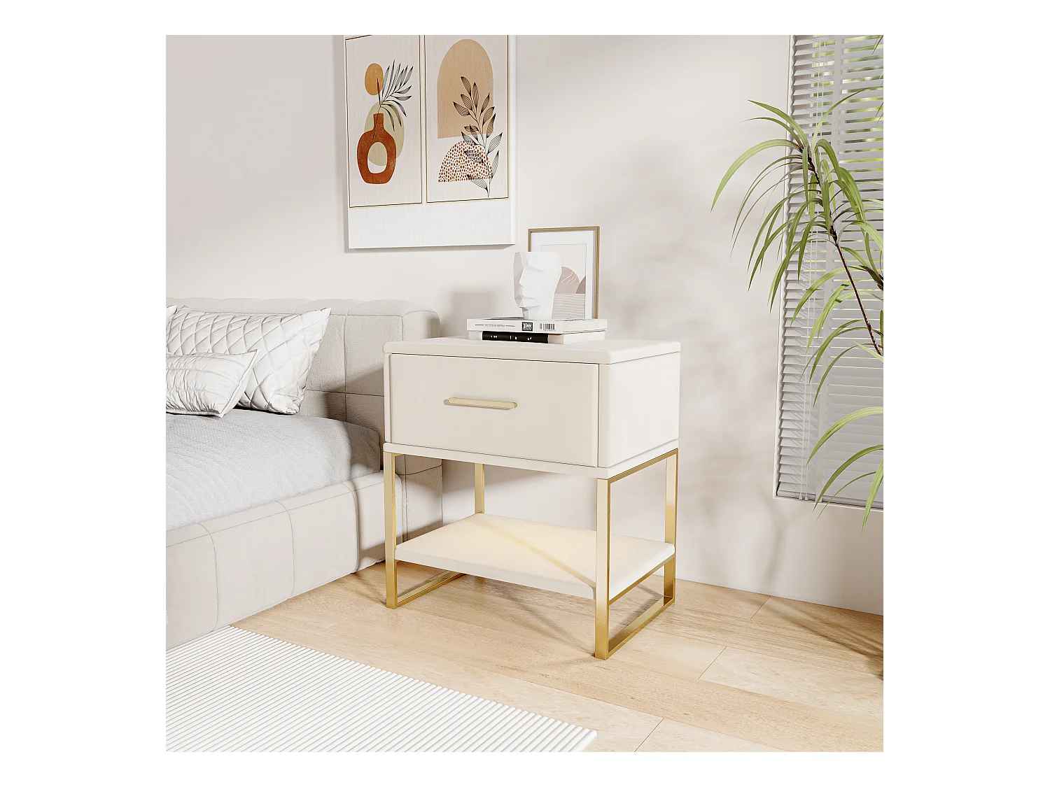Lot de 2 Tables de chevet, éclairage LED, Table de Nuit en Velours Beige, 1 tiroir et compartiments ouverts, Pieds Métalliques Doré