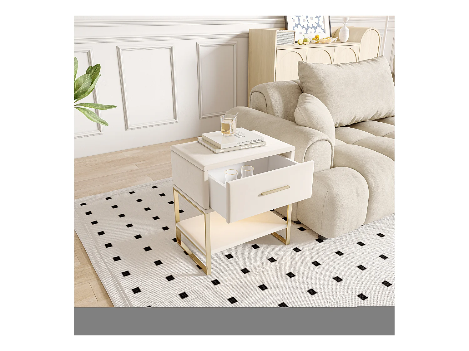 Lot de 2 Tables de chevet, éclairage LED, Table de Nuit en Velours Beige, 1 tiroir et compartiments ouverts, Pieds Métalliques Doré