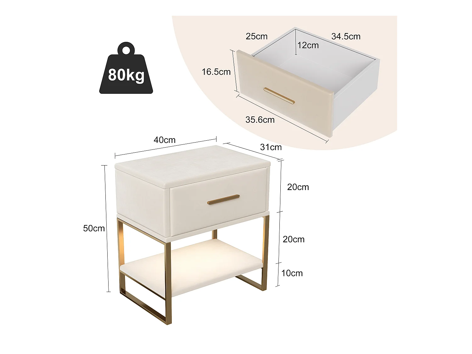 Lot de 2 Tables de chevet, éclairage LED, Table de Nuit en Velours Beige, 1 tiroir et compartiments ouverts, Pieds Métalliques Doré
