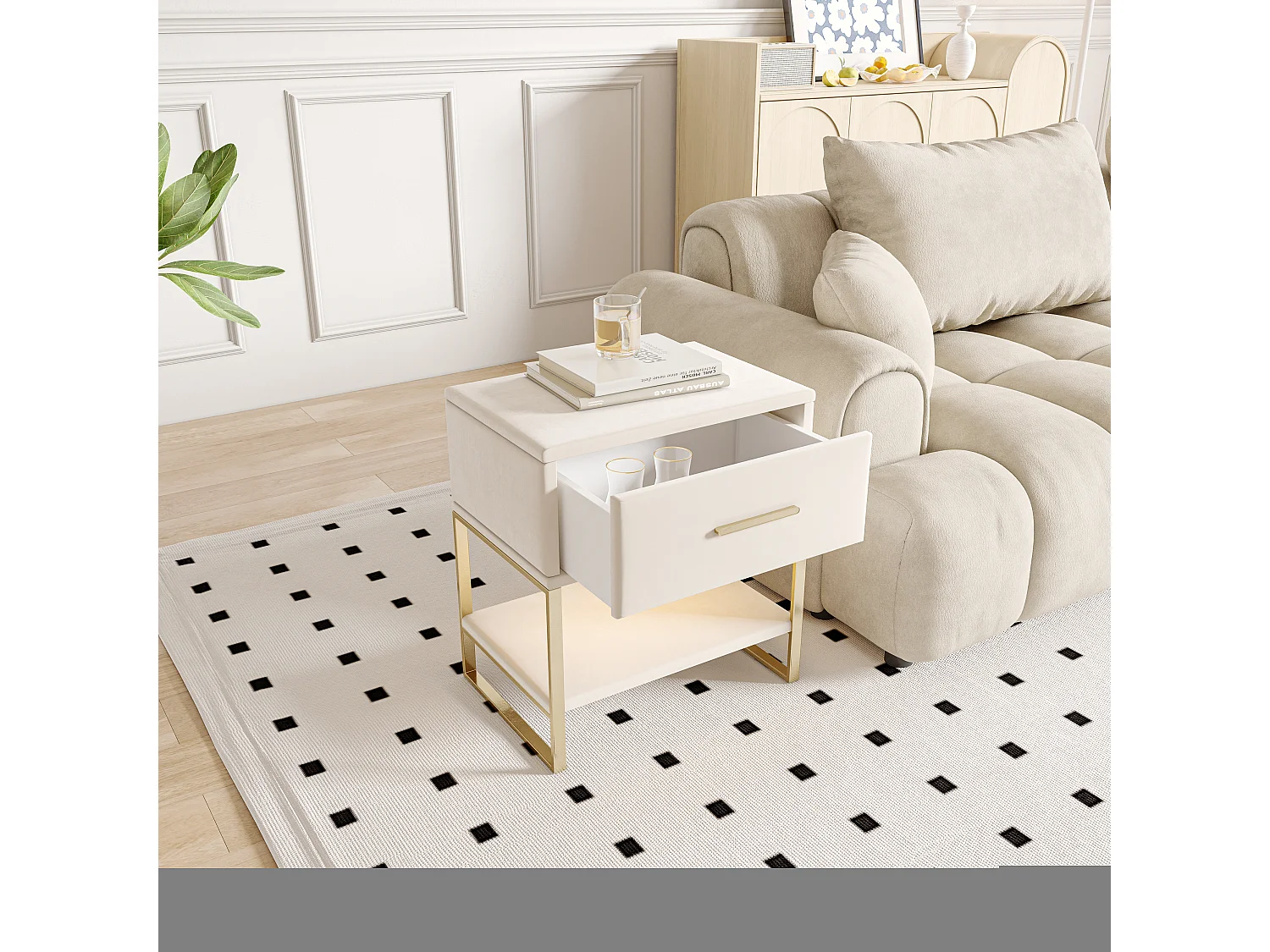 Lot de 2 Tables de chevet, éclairage LED, Table de Nuit en Velours Beige, 1 tiroir et compartiments ouverts, Pieds Métalliques Doré