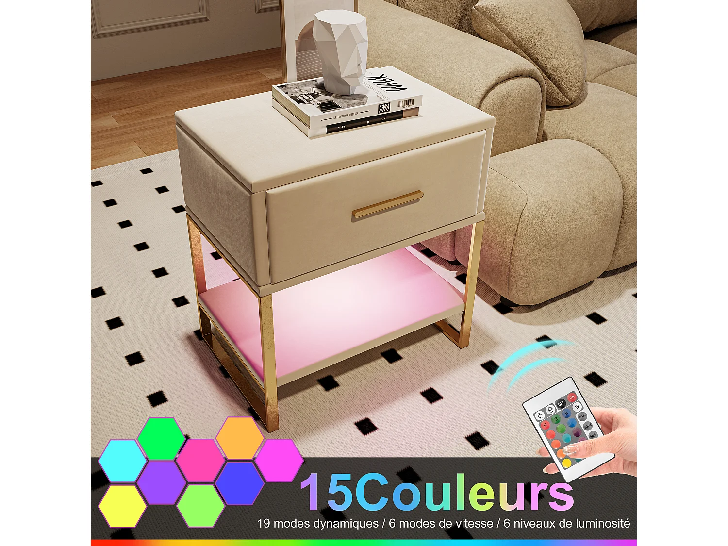 Set van 2 nachtkastjes, ledverlichting, beige fluwelen nachtkastje, 1 lade en open compartimenten, gouden metalen poten