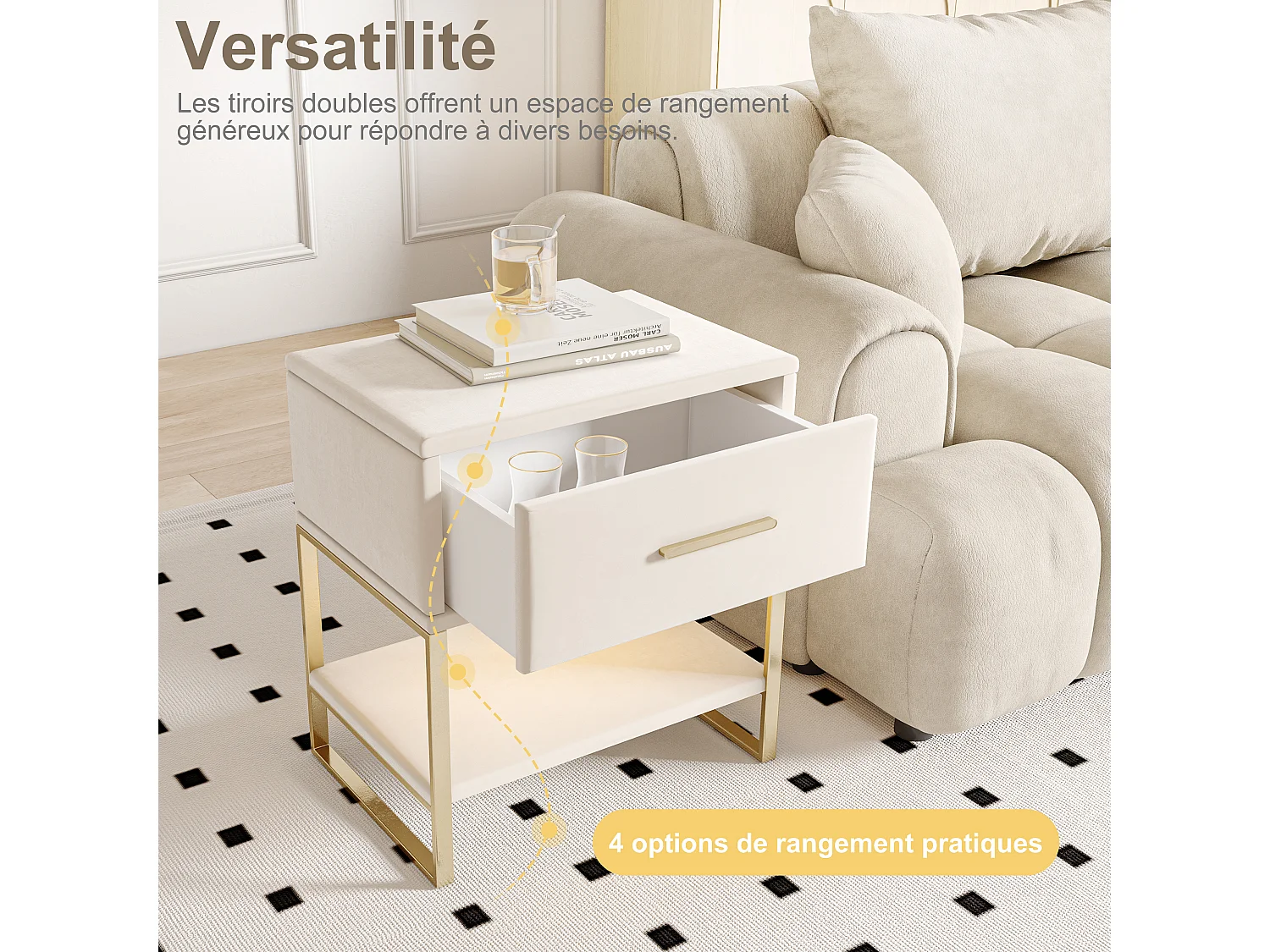 Set van 2 nachtkastjes, ledverlichting, beige fluwelen nachtkastje, 1 lade en open compartimenten, gouden metalen poten