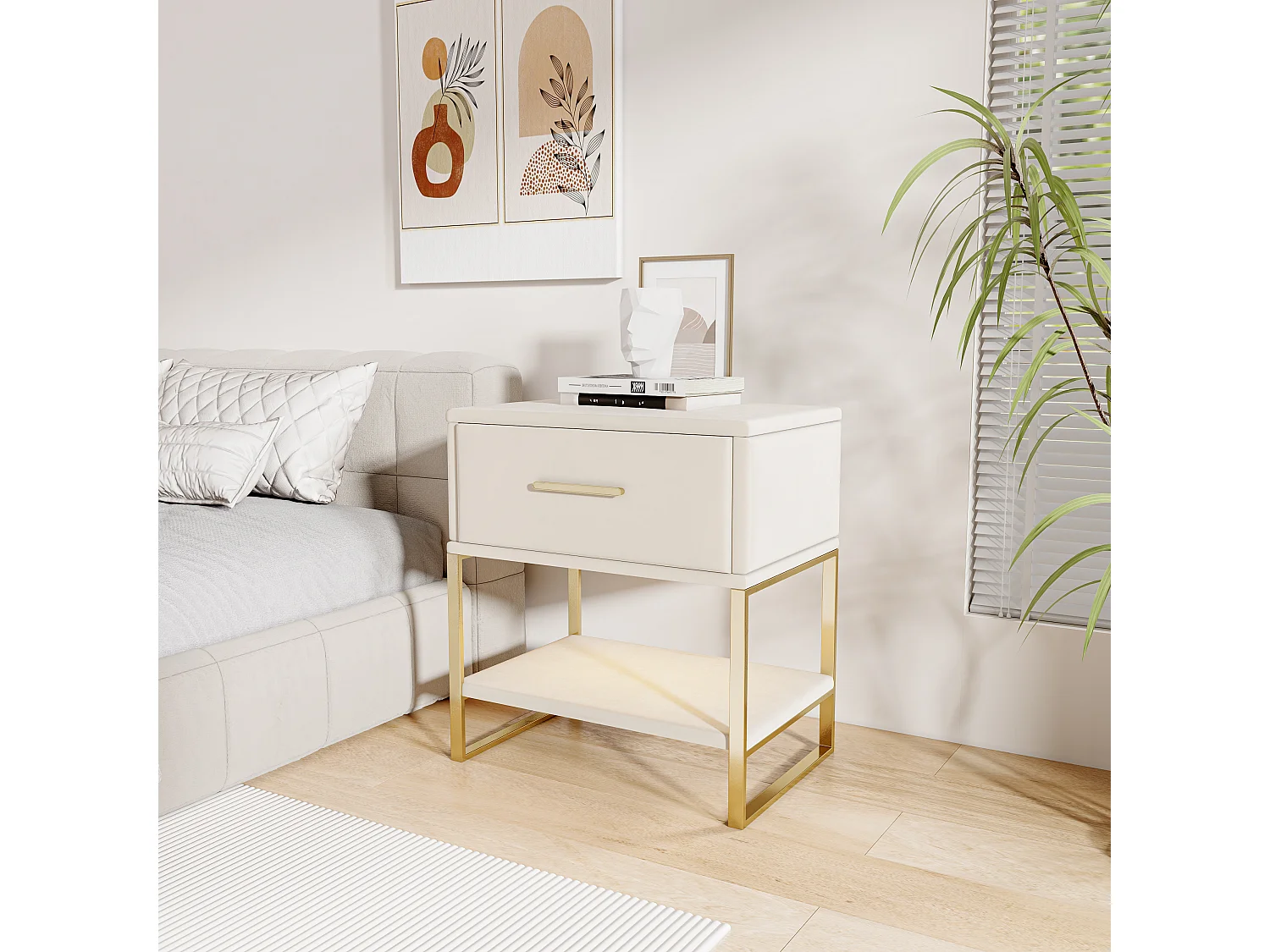Set van 2 nachtkastjes, ledverlichting, beige fluwelen nachtkastje, 1 lade en open compartimenten, gouden metalen poten