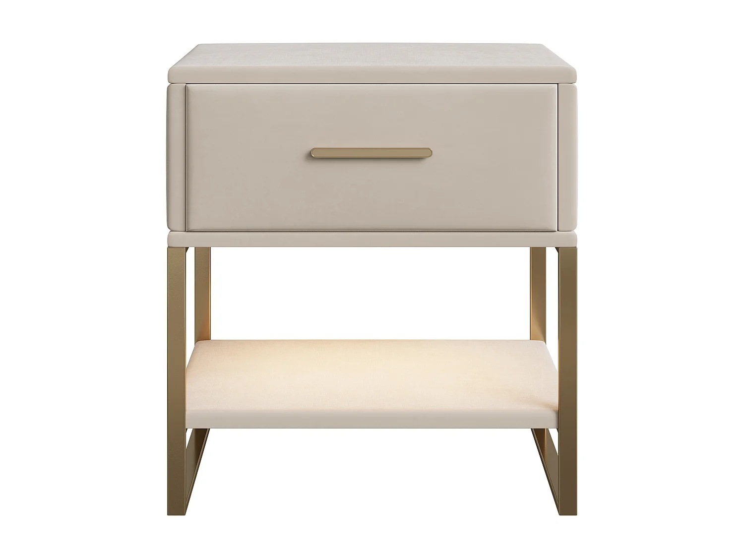 Set van 2 nachtkastjes, ledverlichting, beige fluwelen nachtkastje, 1 lade en open compartimenten, gouden metalen poten